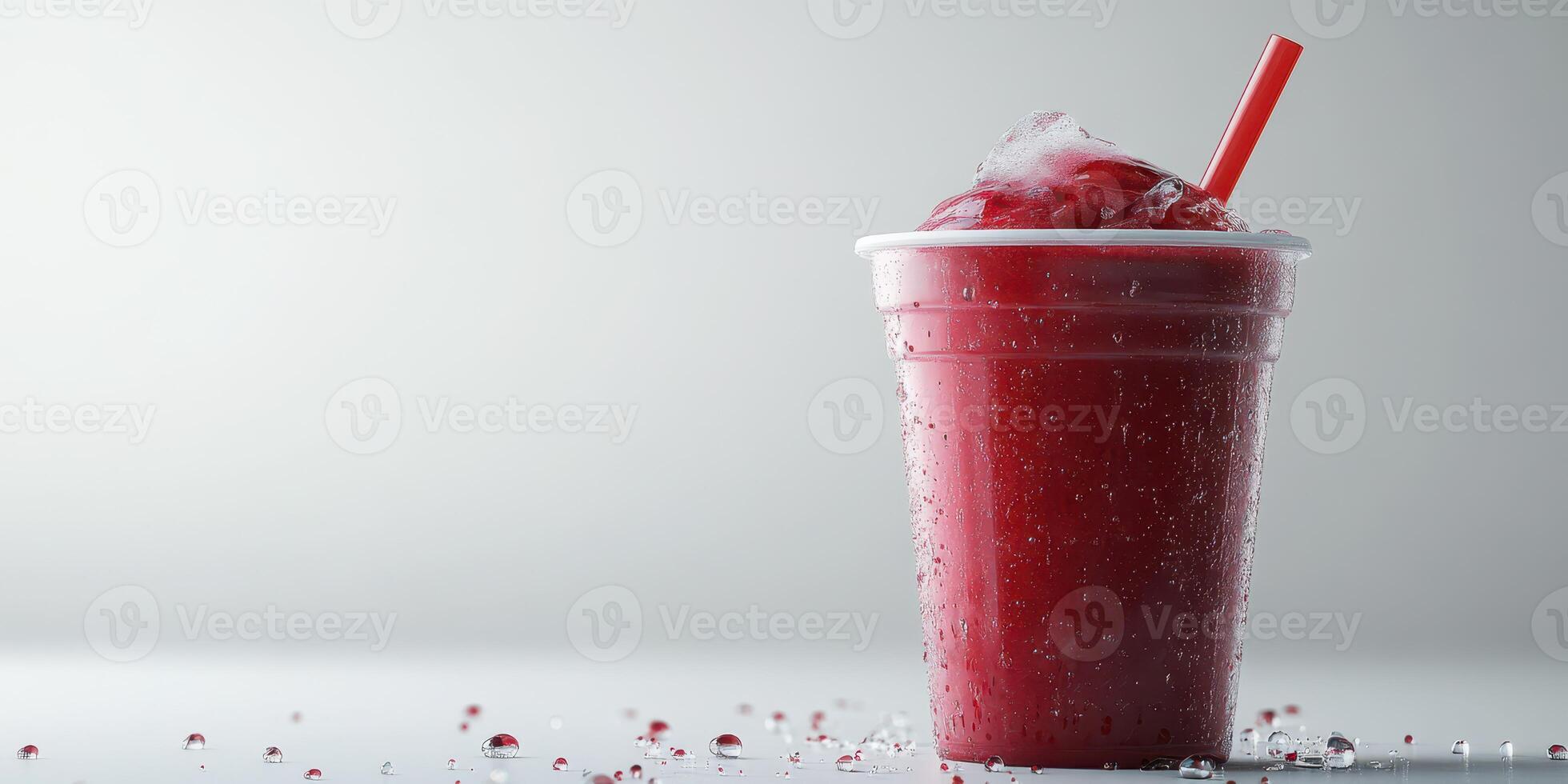 Refreshing slushy drink in a cup with a red straw on a light background surrounded by droplets photo
