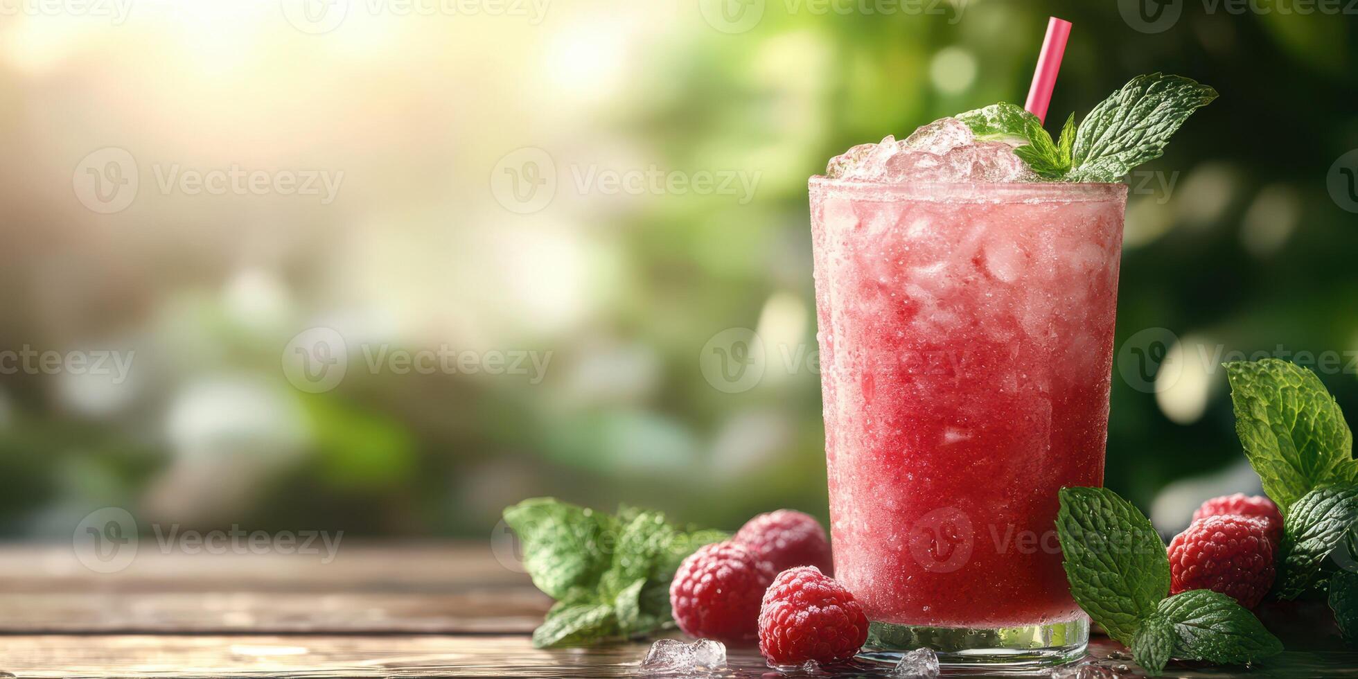 Refreshing raspberry mint drink served in a glass with ice and garnished with fresh mint leaves photo