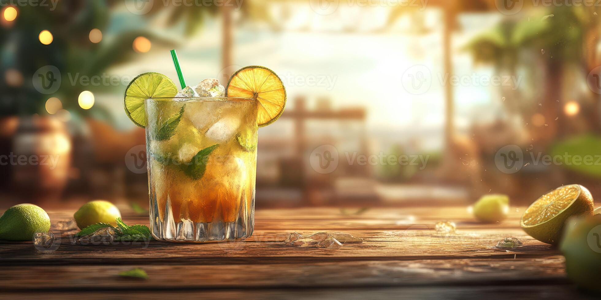 Refreshing cocktail with lime and mint on a tropical beach during sunset photo