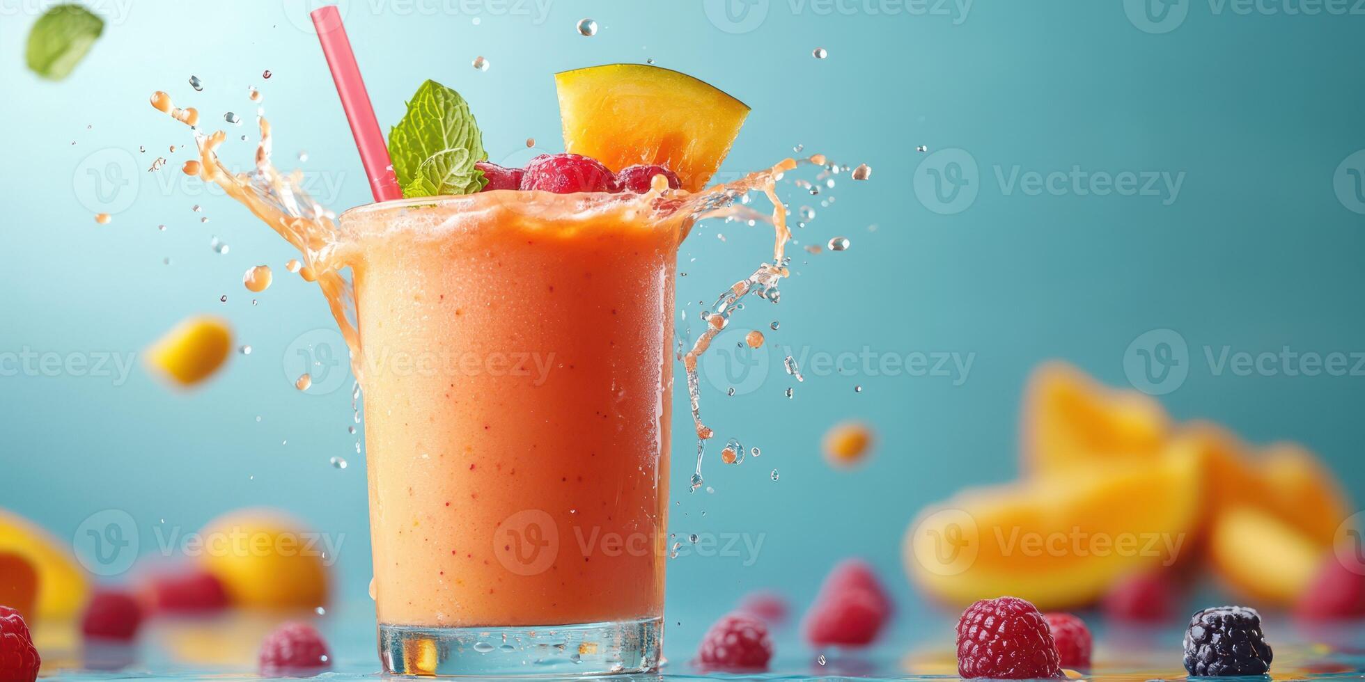 Delicious tropical smoothie with fresh fruits splashing in a vibrant setting photo