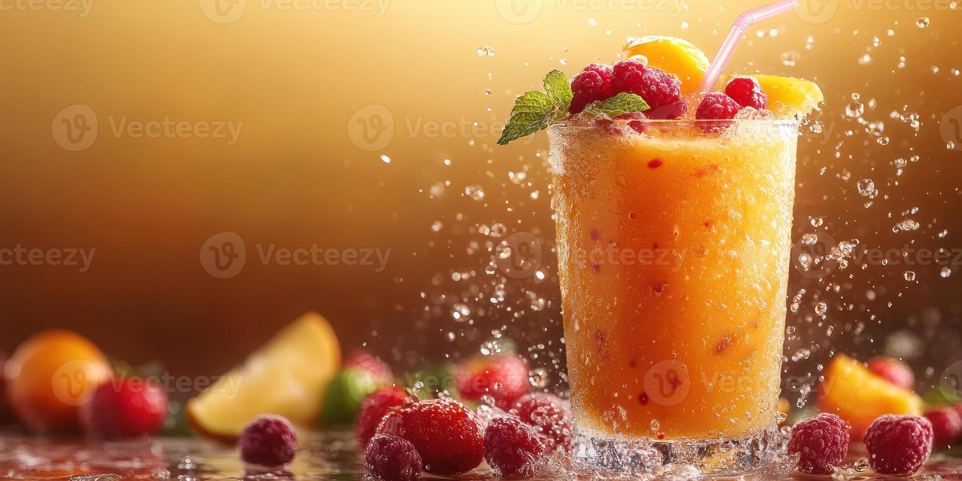 Refreshing tropical smoothie with vibrant fruits splashing in cool water droplets during a sunny day photo