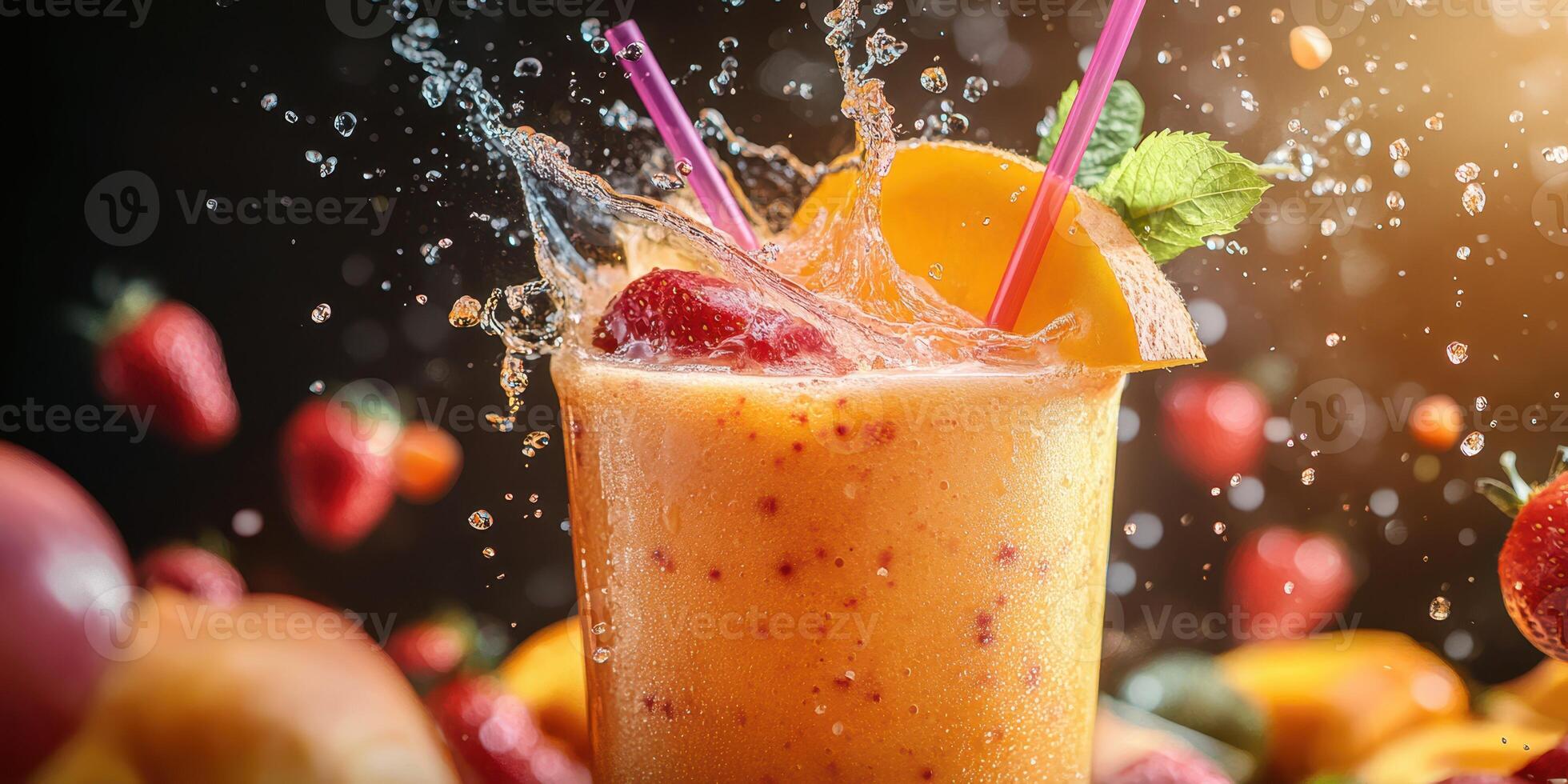 Fresh fruit smoothie splashes in vibrant colors with strawberries and oranges during summer afternoon photo