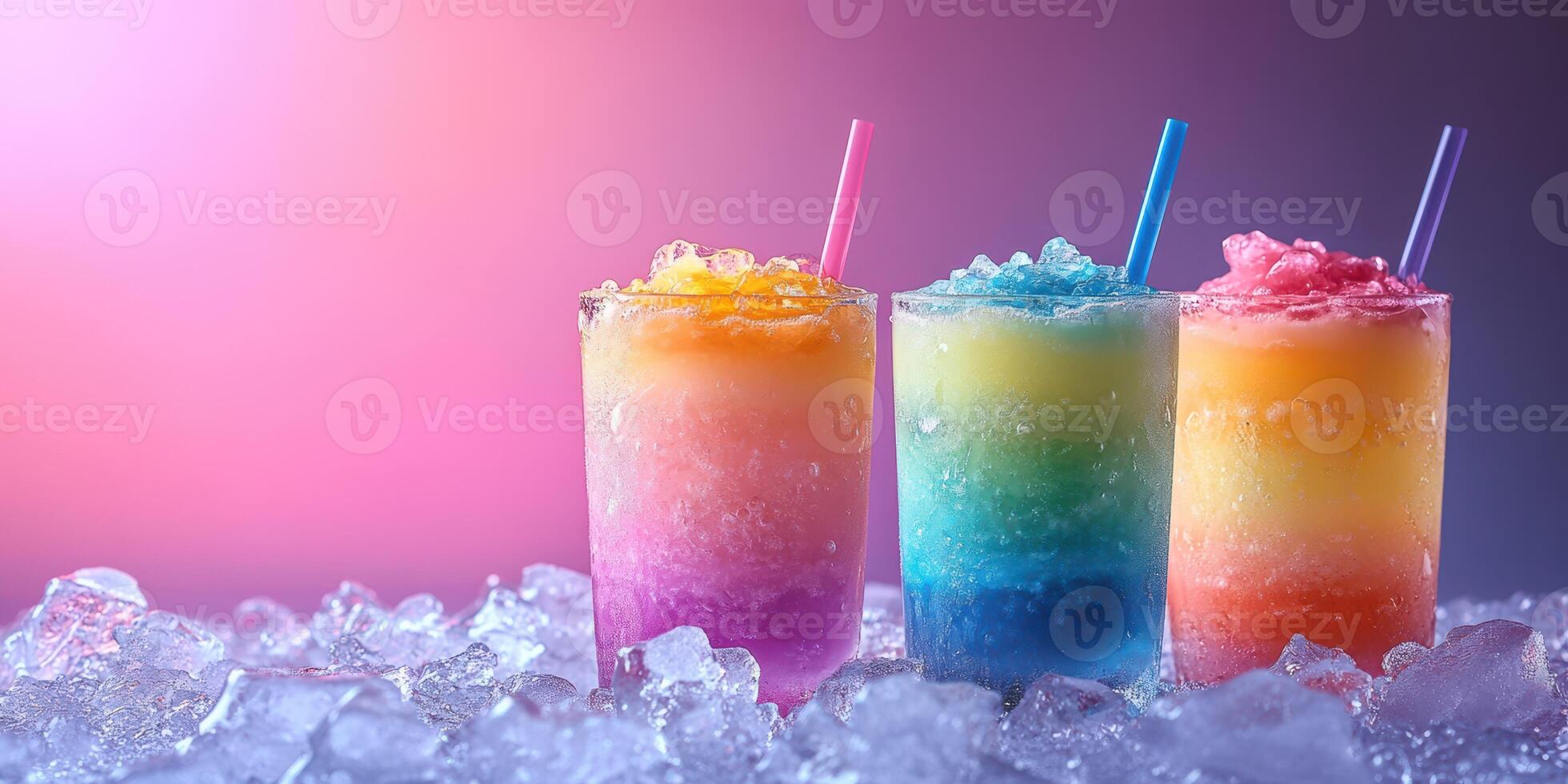 Colorful layered frozen drinks with vibrant hues create a refreshing summer vibe on ice photo