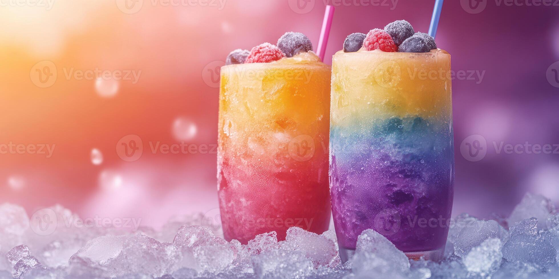 Refreshing rainbow-colored frozen drinks served with fresh berries on a bed of ice in a vibrant setting photo