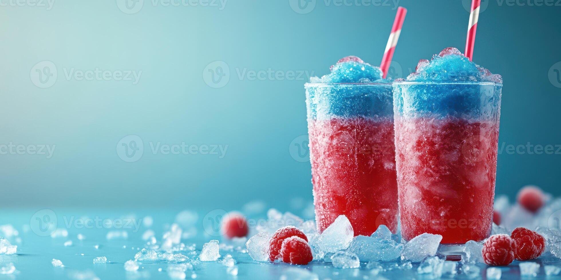 Refreshing slush drinks with vibrant colors and ice on a blue surface photo