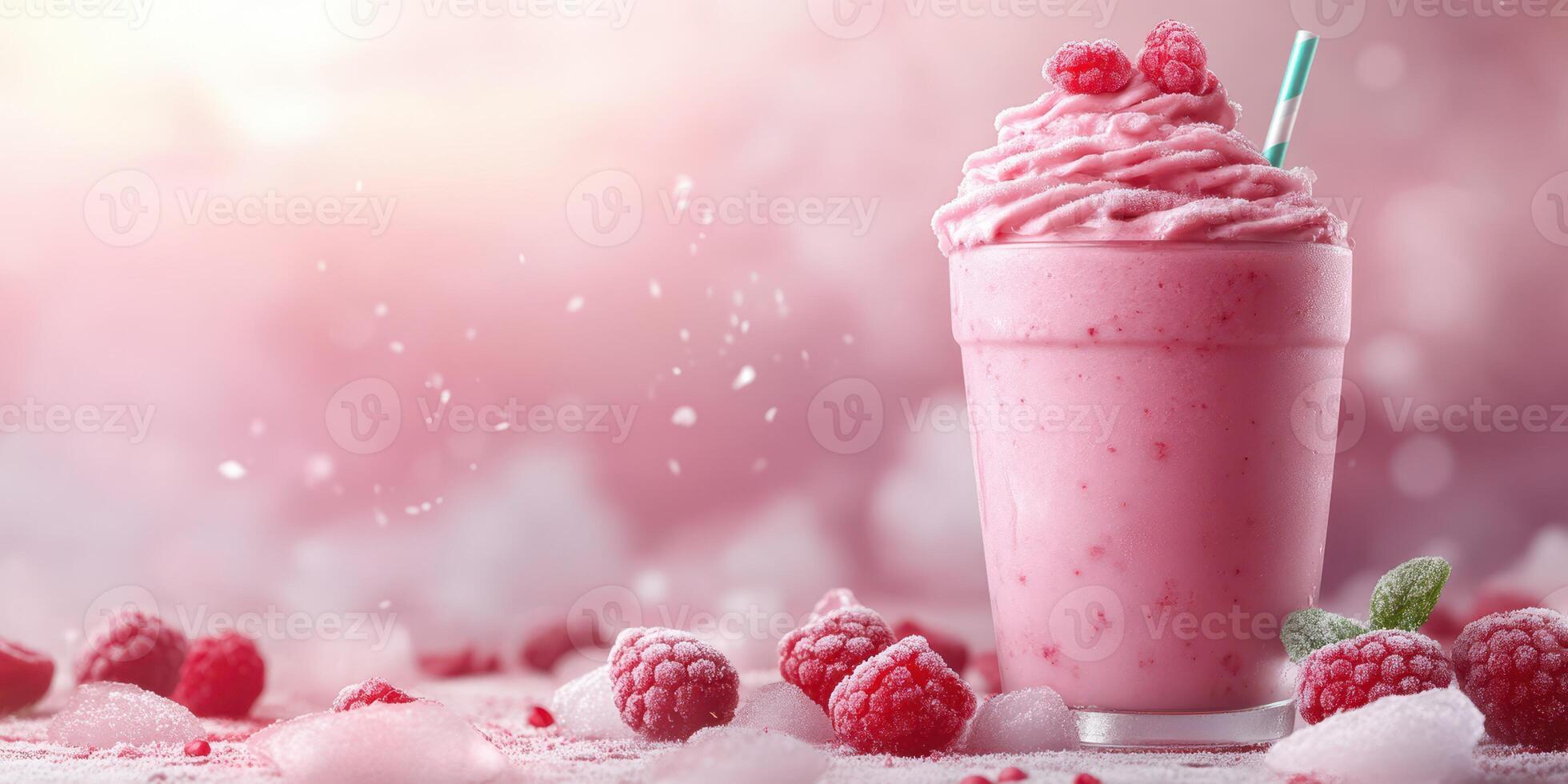 Refreshing raspberry smoothie with mint on a pink background, ideal for summer enjoyment or a fruity treat photo