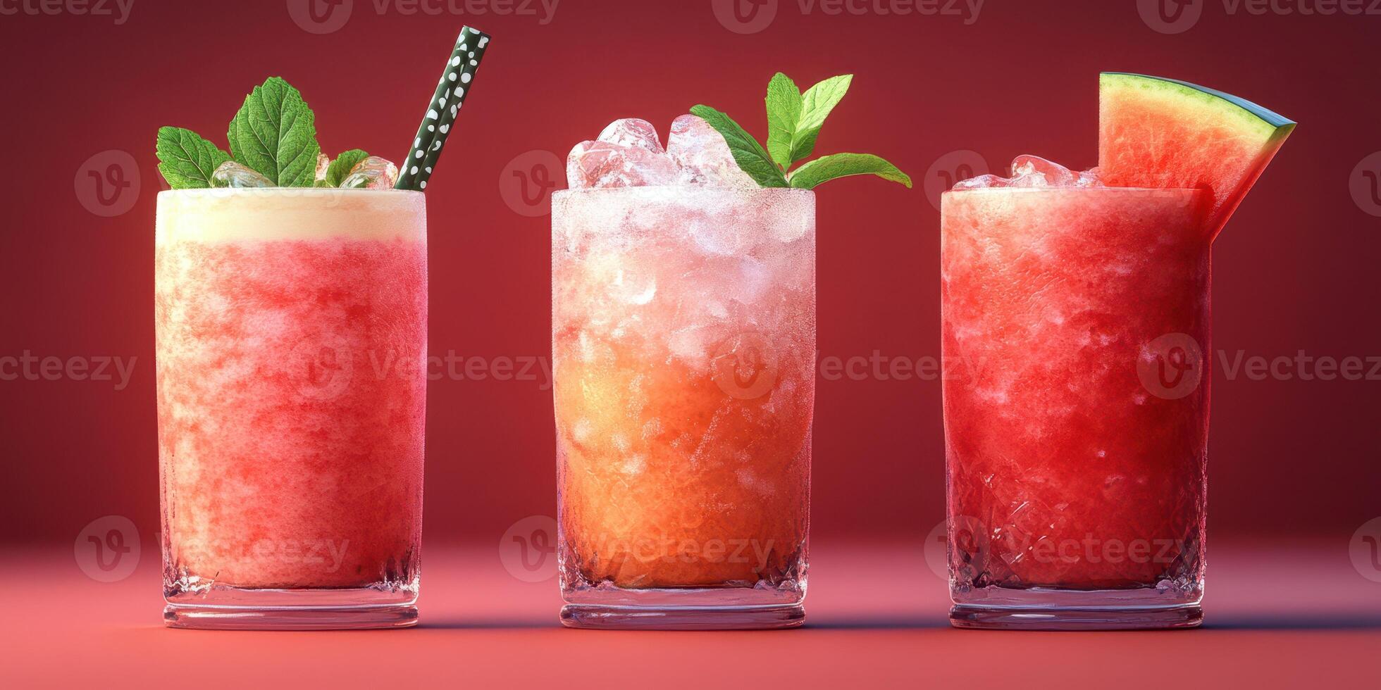 Refreshing summer drinks served in clear glasses with vibrant colors and garnishes on a smooth surface photo