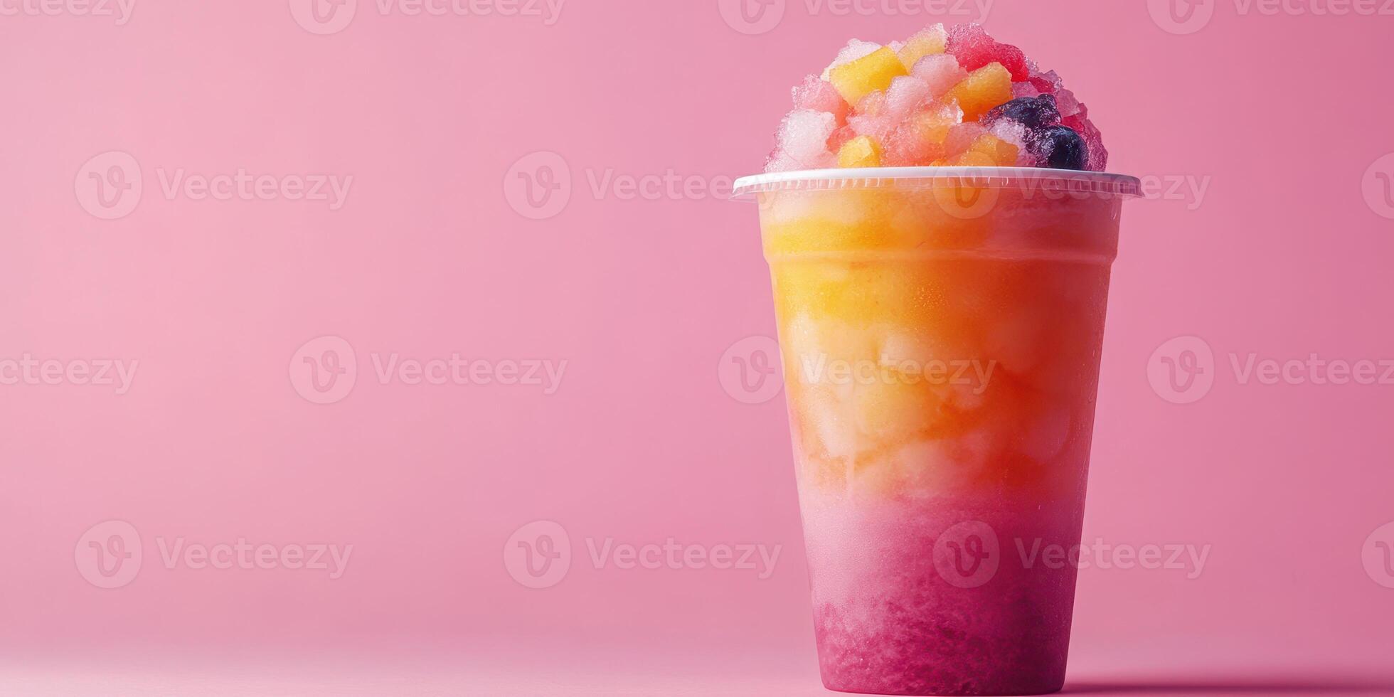 Colorful shaved ice dessert with assorted fruits and vibrant layers served in a clear cup against a pink background photo