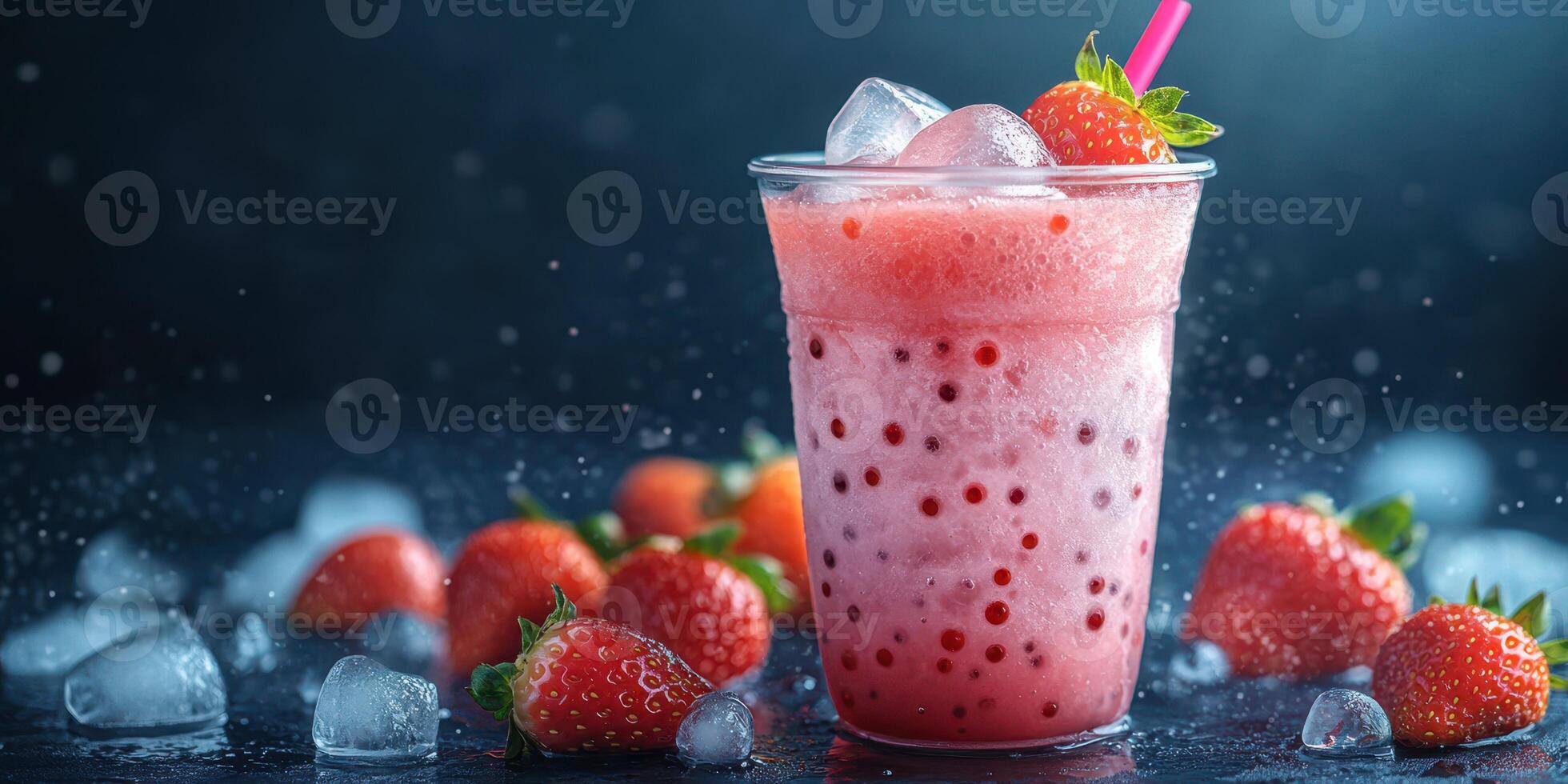 Refreshing strawberry smoothie on a dark background with fresh fruits and ice photo
