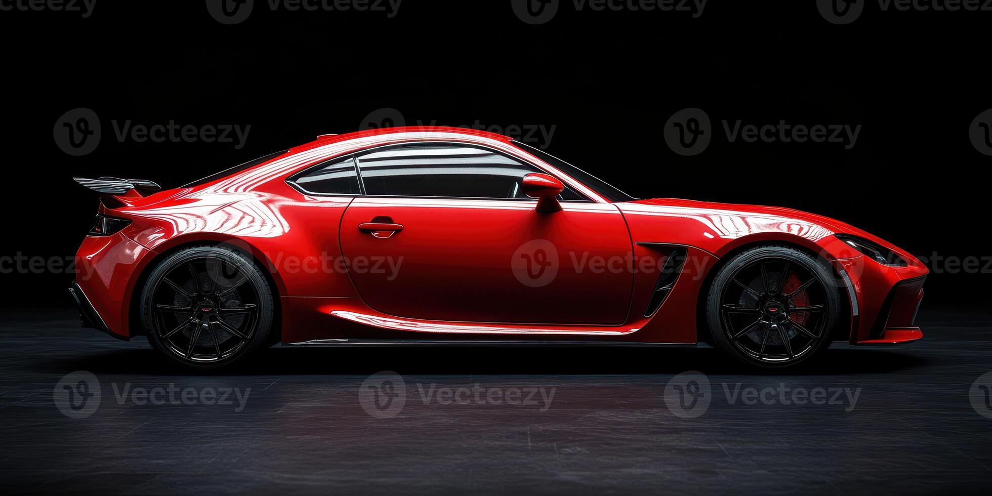 Sleek red sports car showcased in a dark studio setting highlighting its design features and dynamic lines photo