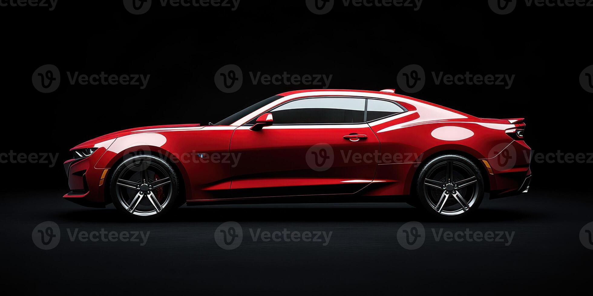 Red sports car parked against a black background showcasing sleek design and powerful presence photo
