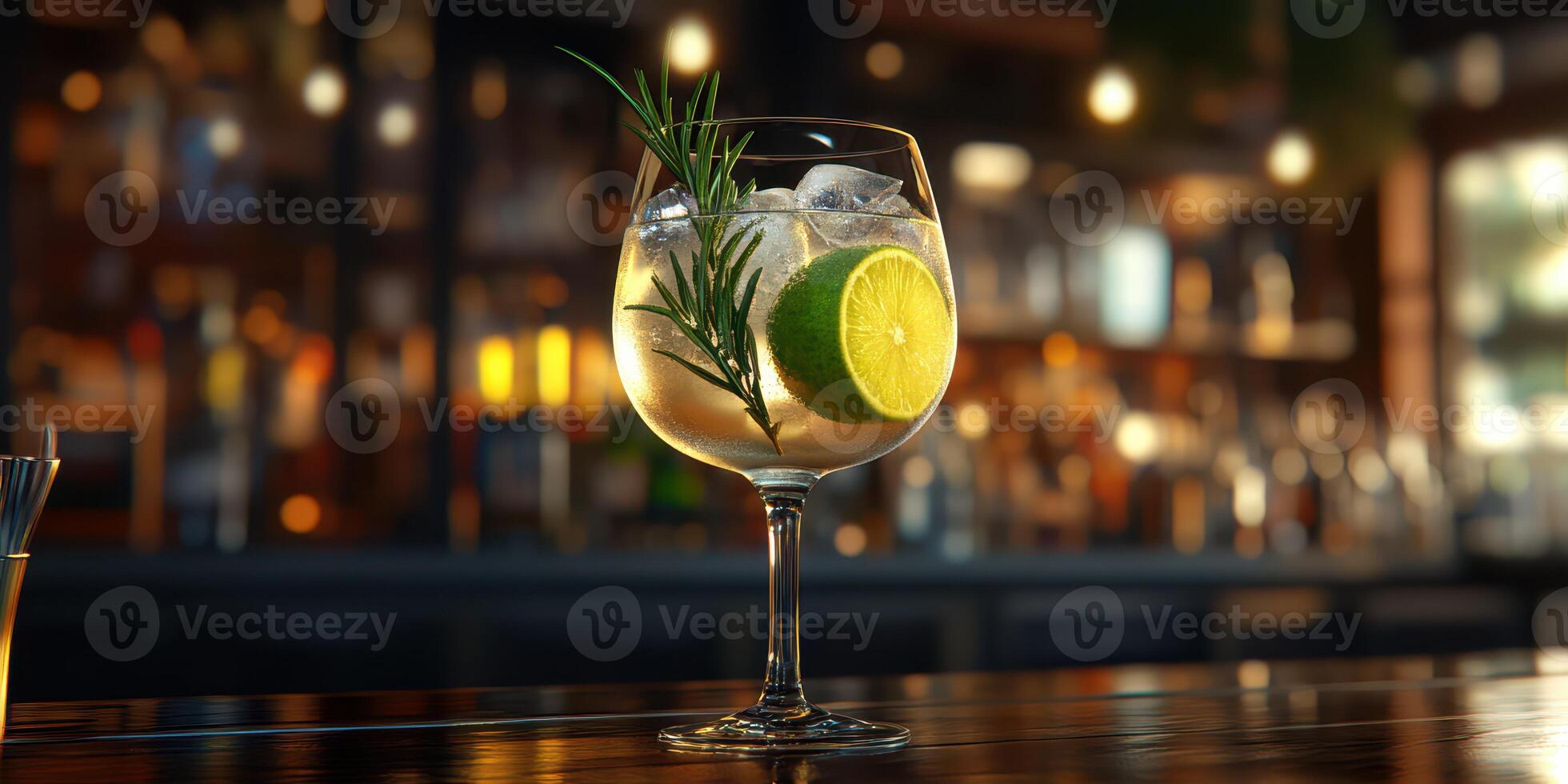 Refreshing cocktail garnished with lime and rosemary in a lively bar setting during the evening photo