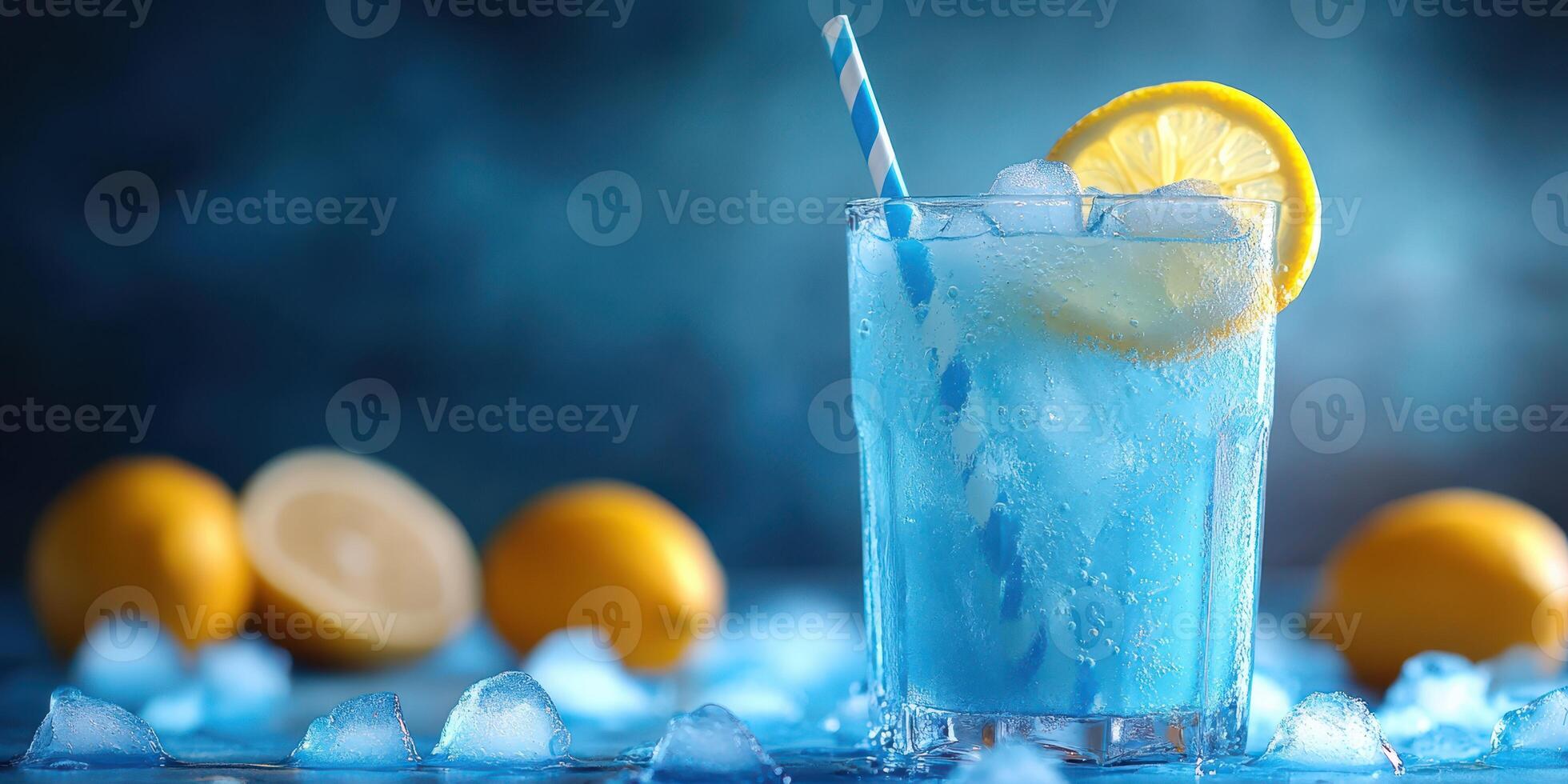 Refreshing blue beverage in a glass with ice and lemon slice on a bright background during a summer afternoon photo
