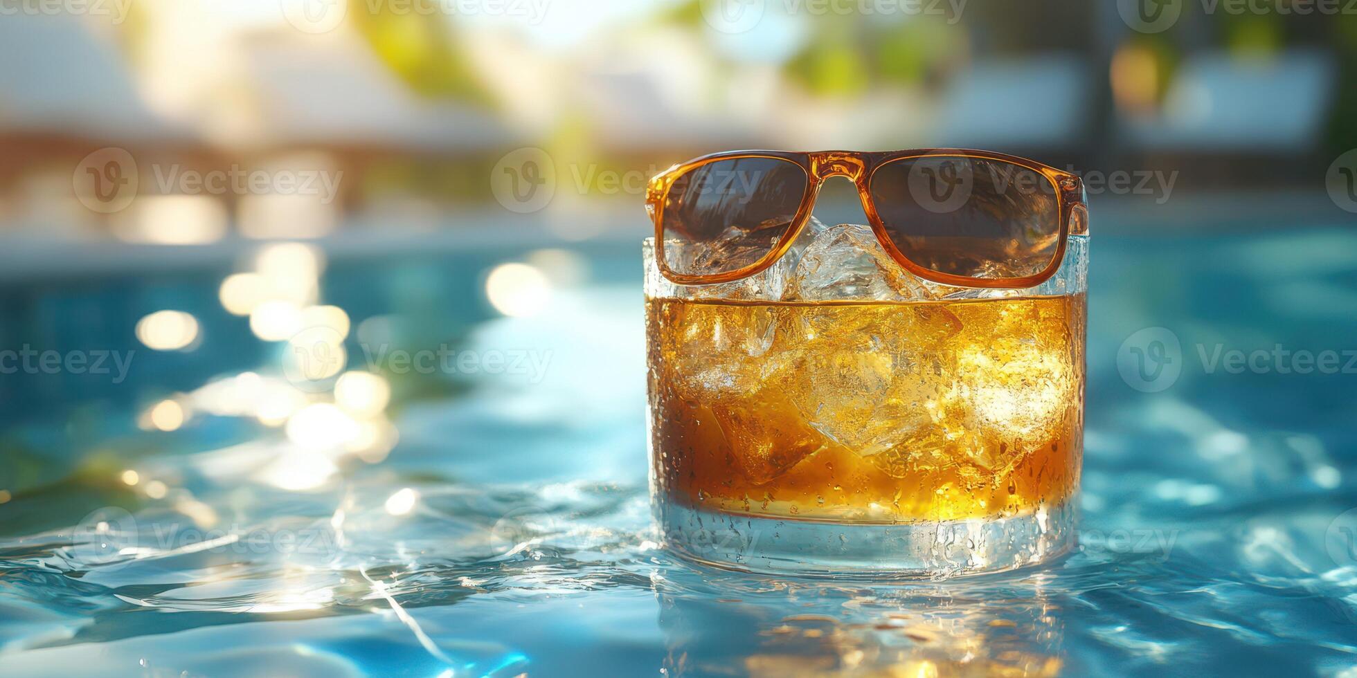 Refreshing drink with sunglasses floats in a clear pool during a sunny afternoon photo