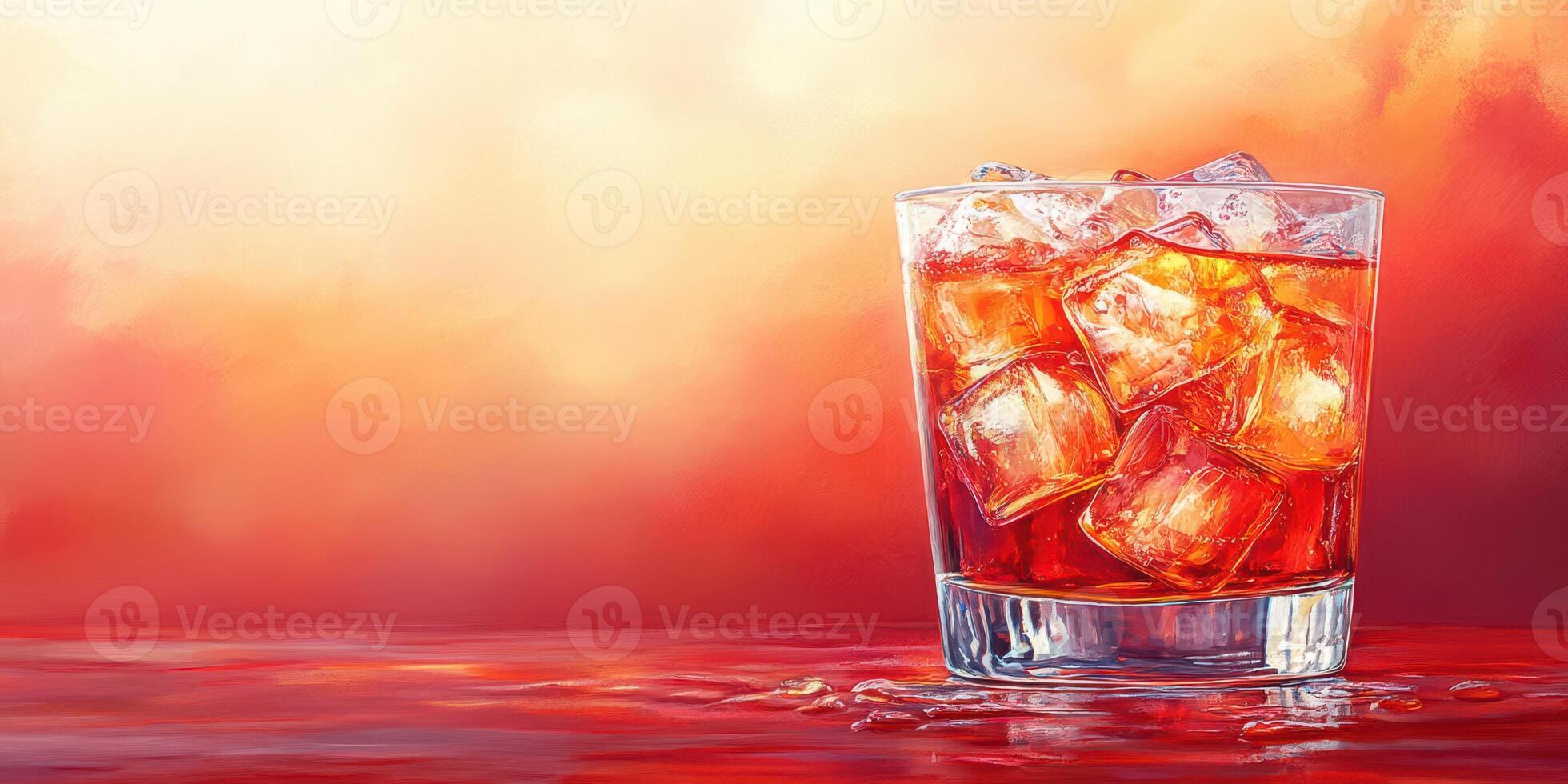 Refreshing cocktail served in a clear glass over ice with vibrant sunset background photo