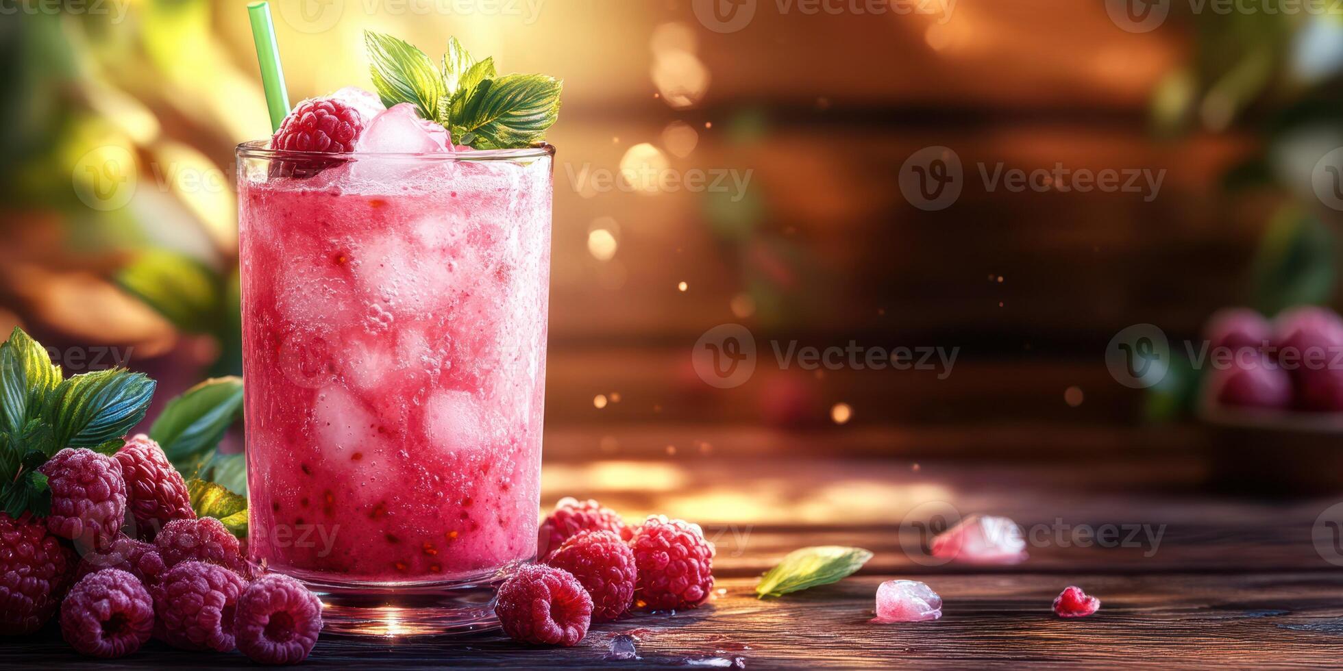 Refreshing raspberry drink served over ice in a rustic setting with fresh mint leaves and berries in the background photo