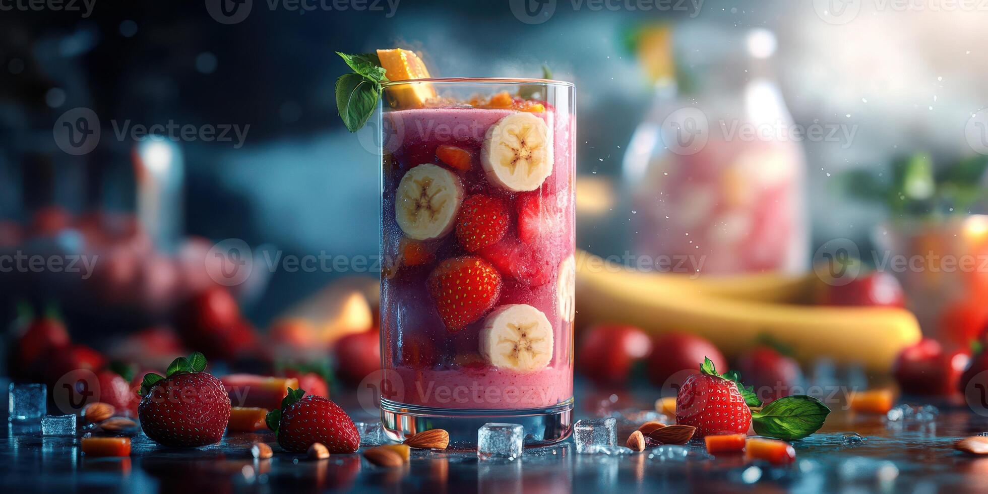 Refreshing fruit smoothie garnished with banana and strawberry served in a tall glass with ice cubes photo