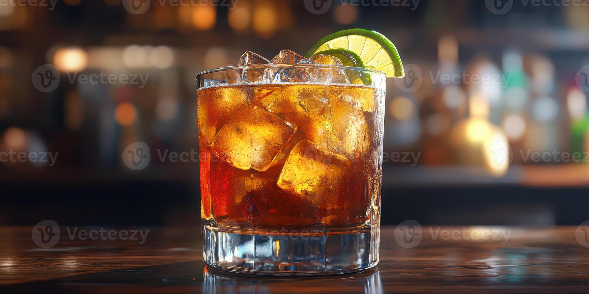 Refreshing cocktail served on a wooden bar counter with ice and a lime wedge photo