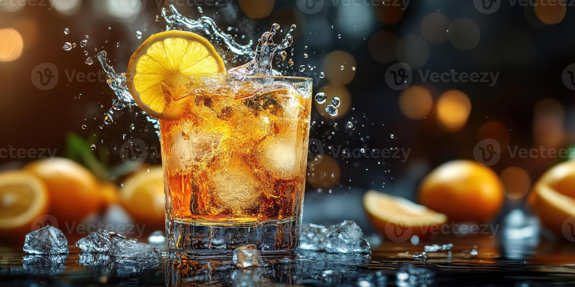 Refreshing drink splashes in glass with lemon slice highlighted by warm bokeh background and fresh oranges photo