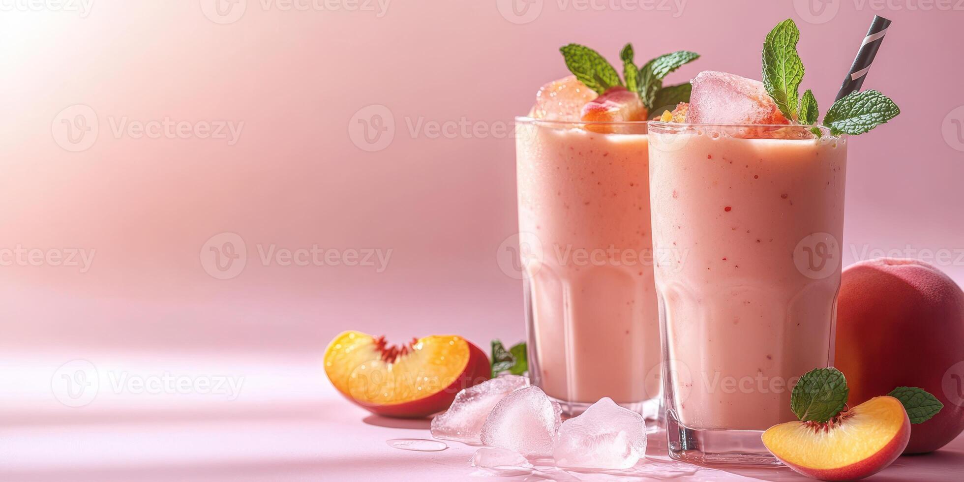 Refreshing peach smoothies served in clear glasses with mint and ice on a soft pink background during summer photo