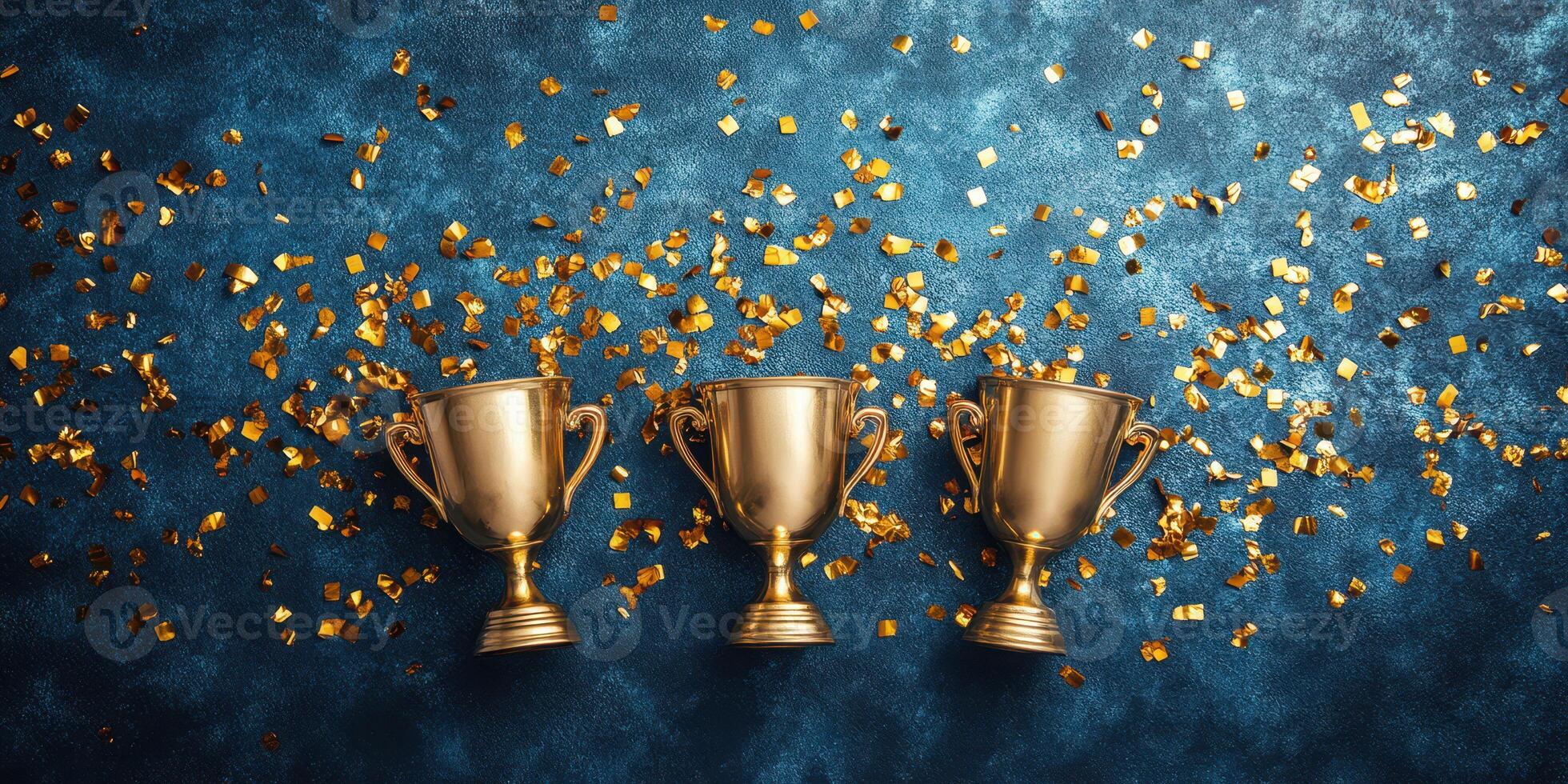 Golden trophies placed on a textured blue surface surrounded by confetti celebrating success and achievement photo