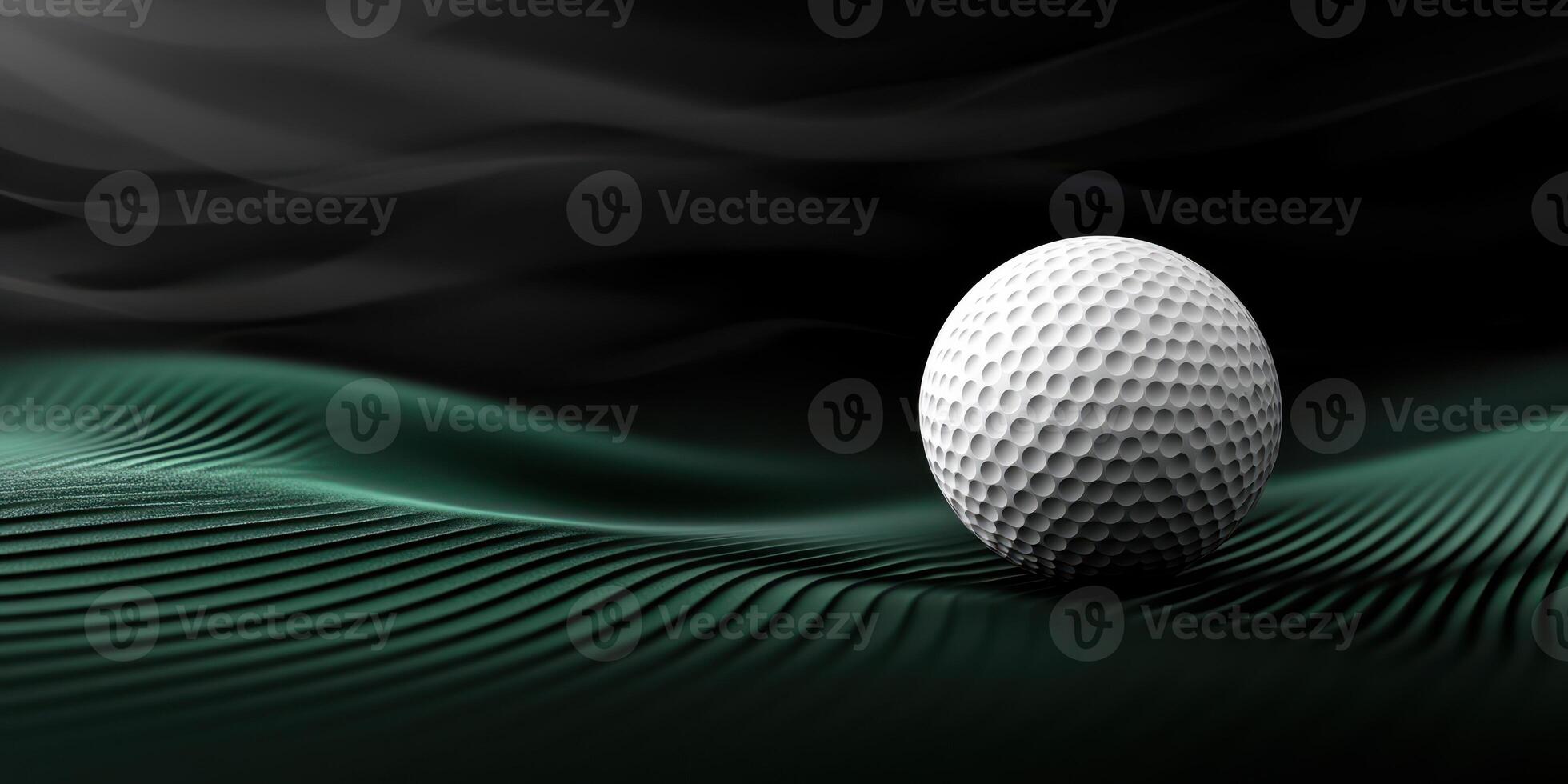 Golf ball resting on textured green surface with dramatic black background creating a striking contrast during twilight hours photo