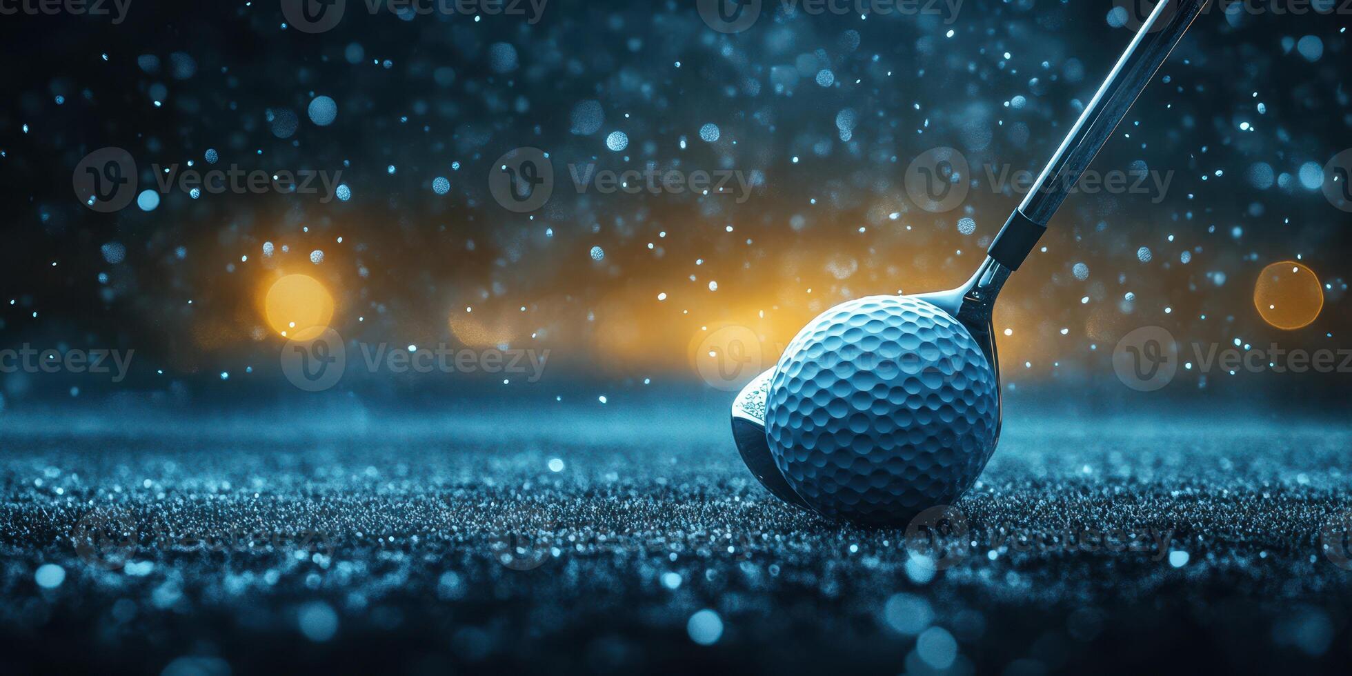 Close-up view of a golf ball and club during a nighttime swing on a rainy course with dynamic lighting effects photo