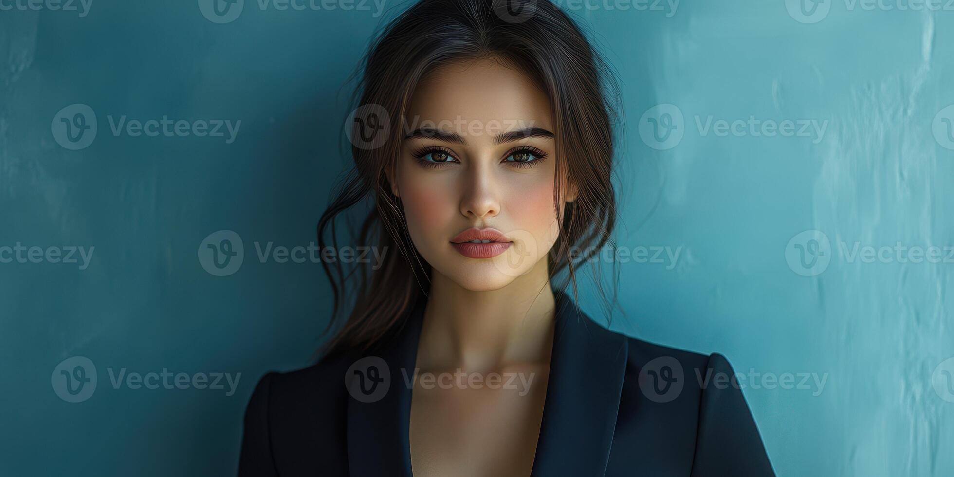 Portrait of a woman with striking features and elegant attire in a blue setting photo