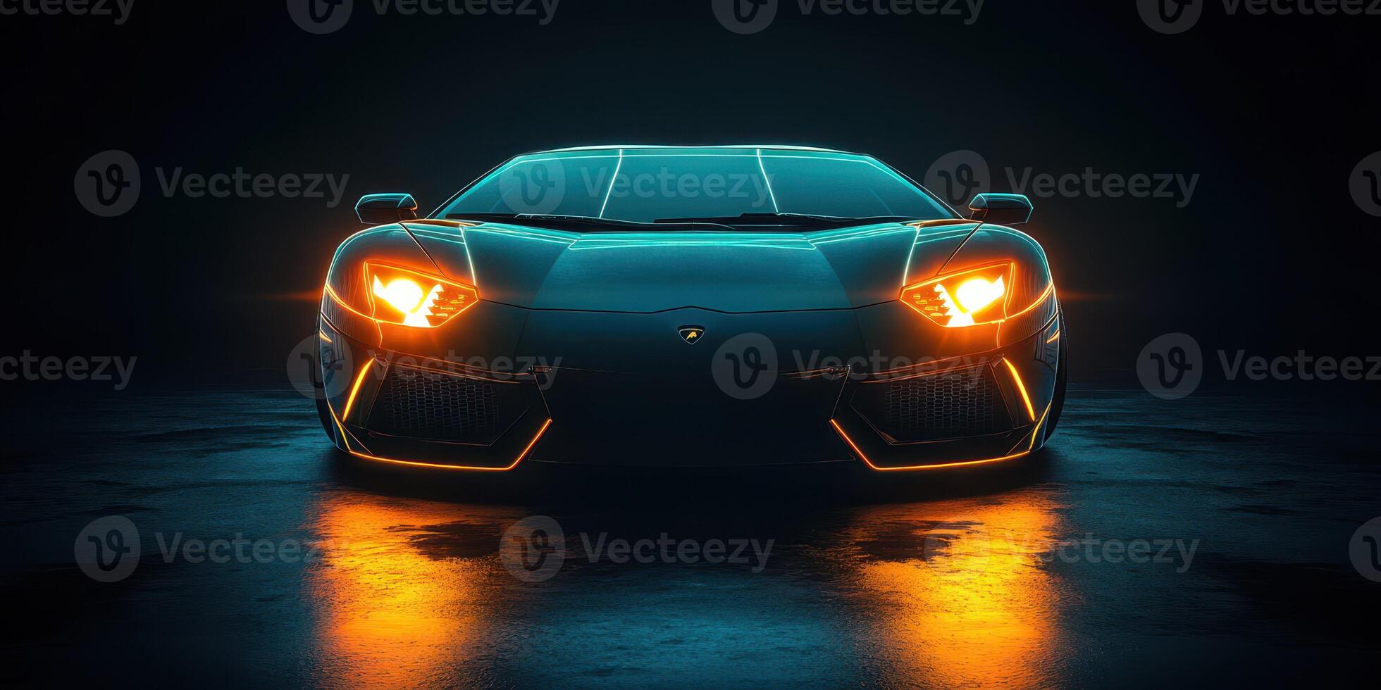 Sleek sports car showcases dynamic lighting in a dark setting with vibrant highlights photo