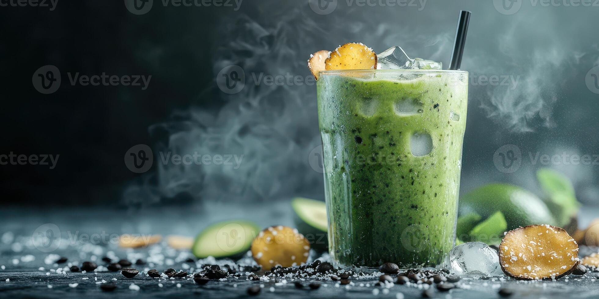 Refreshing green smoothie garnished with citrus and cucumber on a dark wooden table photo