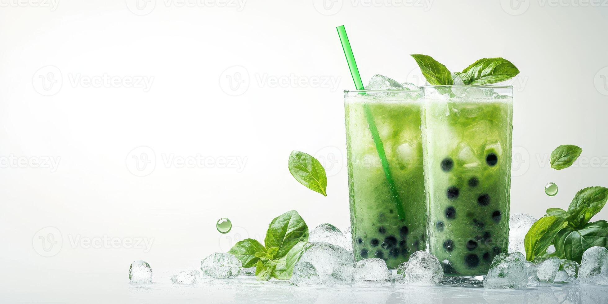 Refreshing basil and green tea drinks served on ice in a cool setting during a summer day photo