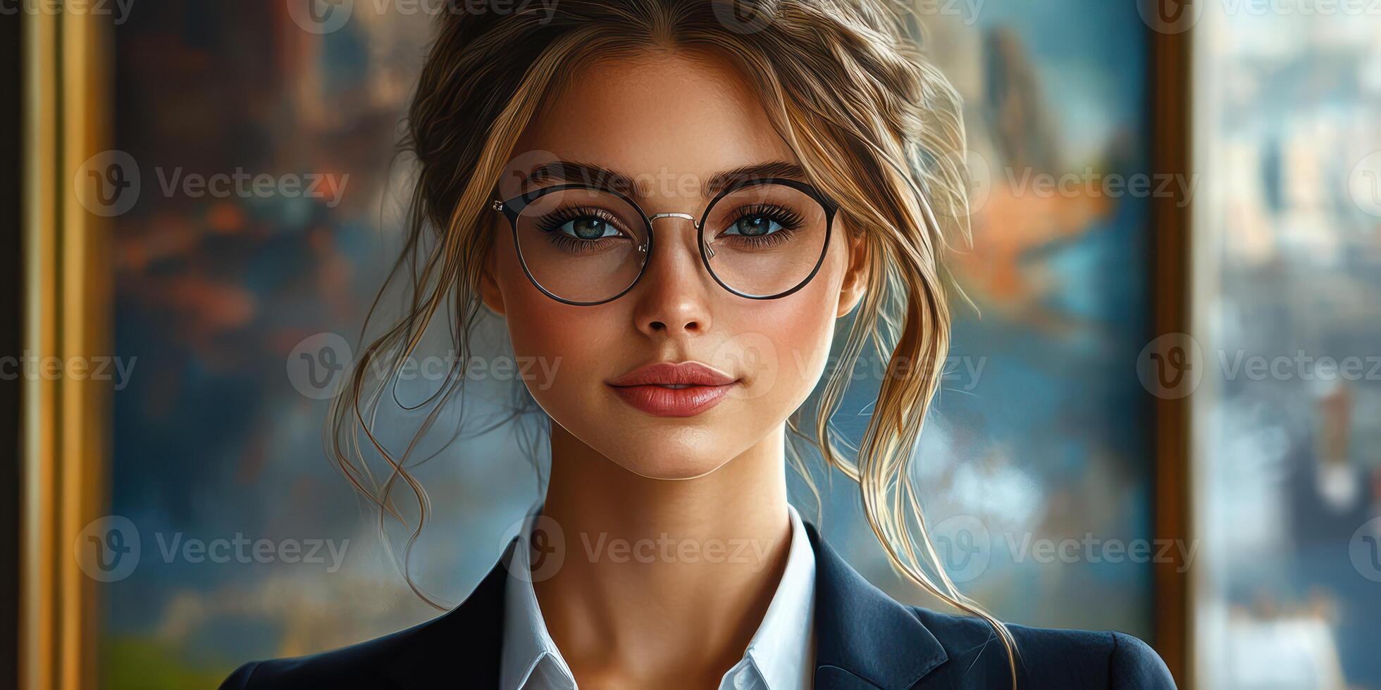 Portrait of a young professional woman in formal attire with glasses in a stylish office setting during daylight photo
