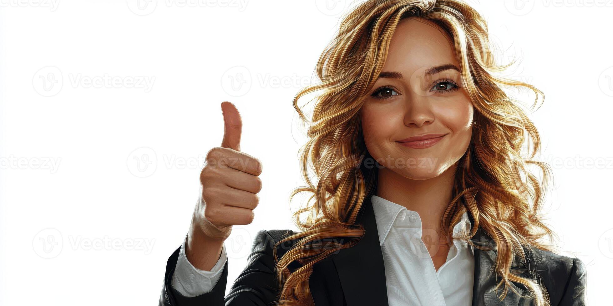 Confident professional woman giving thumbs up for success in a bright and optimistic setting photo