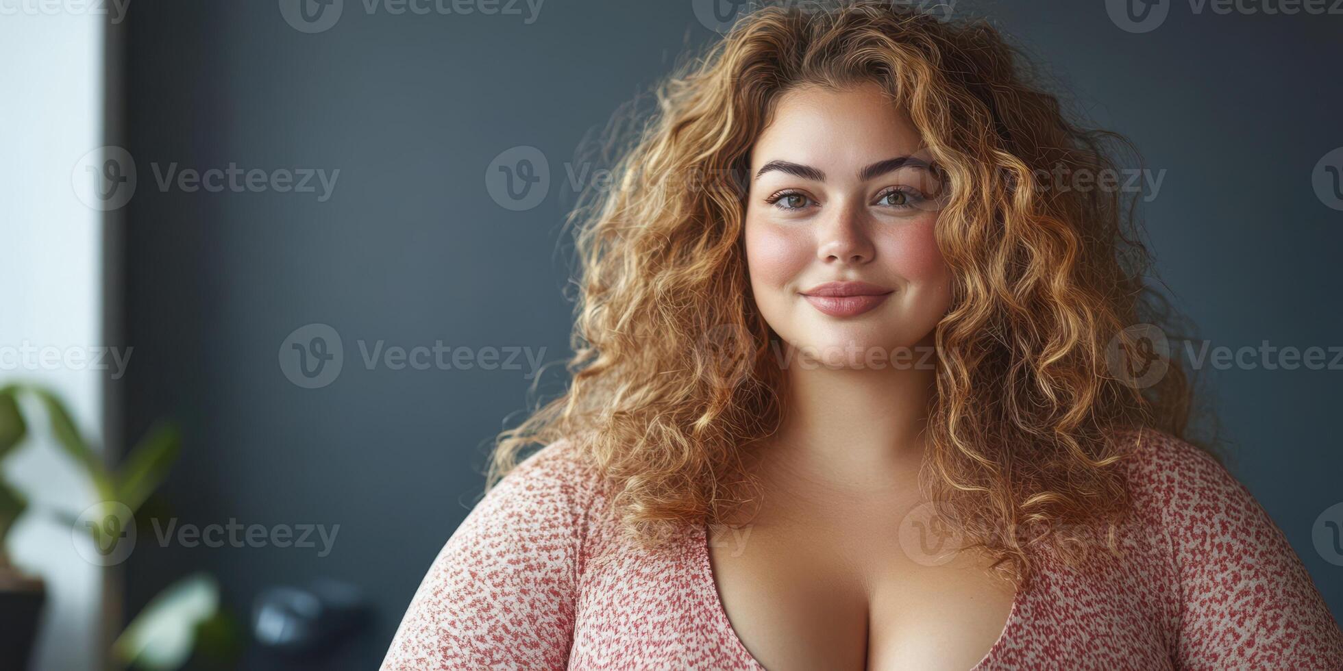 Portrait of a young woman with curly hair, smiling and standing indoors in a cozy environment with modern decor in late afternoon light photo
