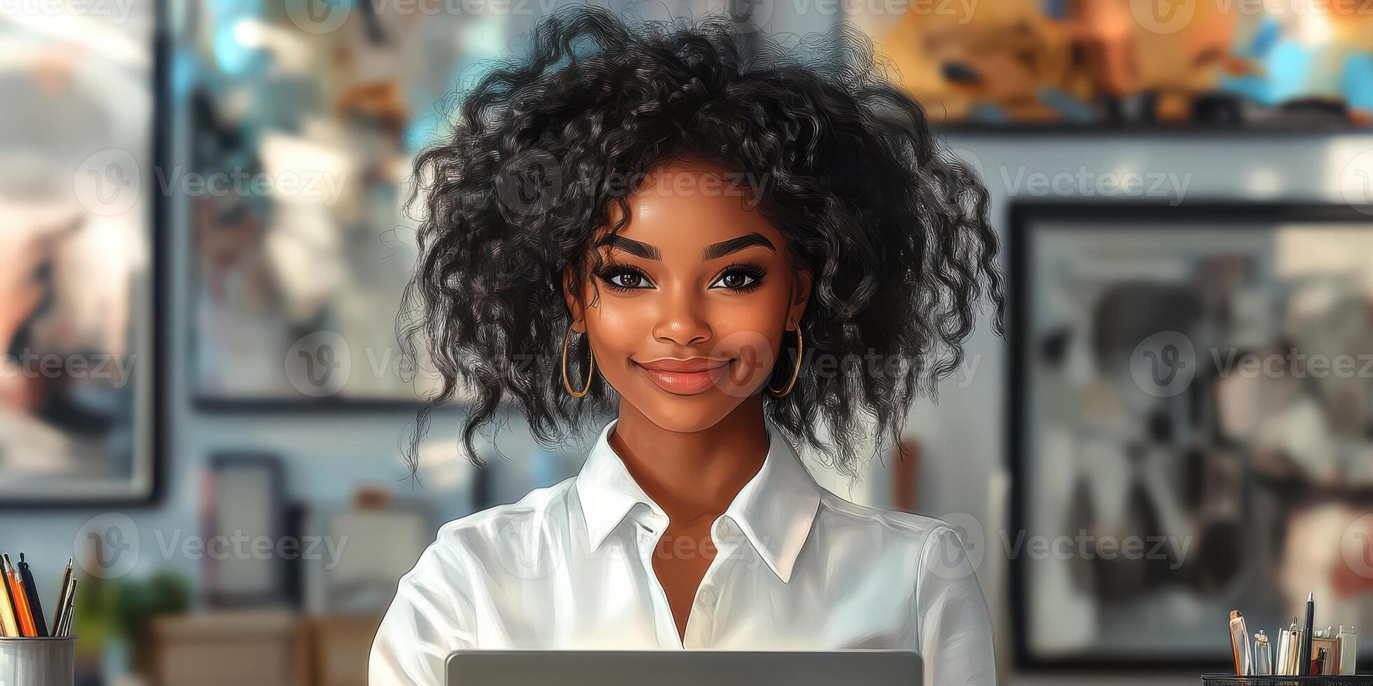 Portrait of a smiling woman with curly hair in a bright workspace surrounded by art and creativity photo