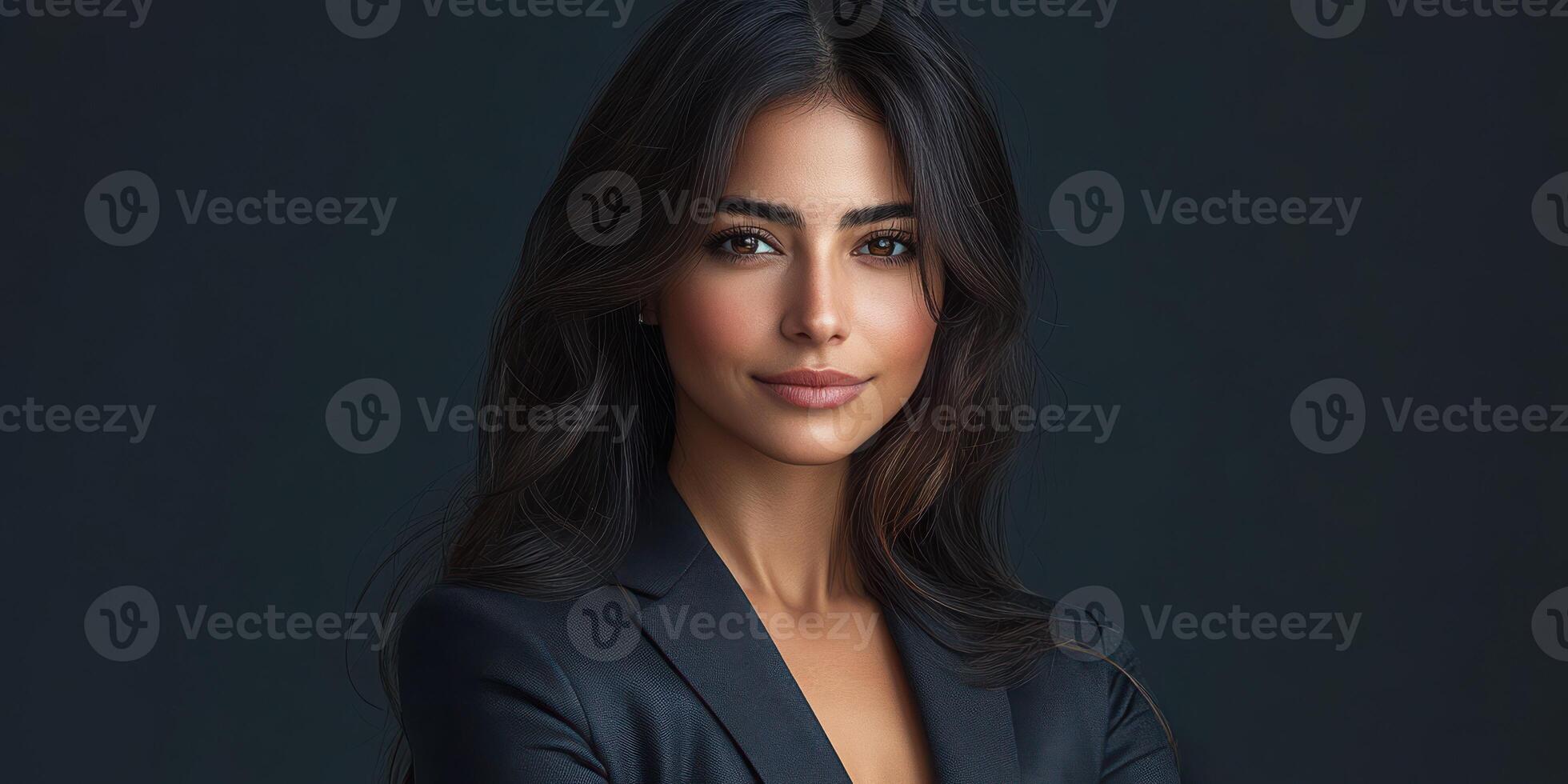 Portrait of a confident woman in a dark blazer against a muted background showcasing strength and poise photo