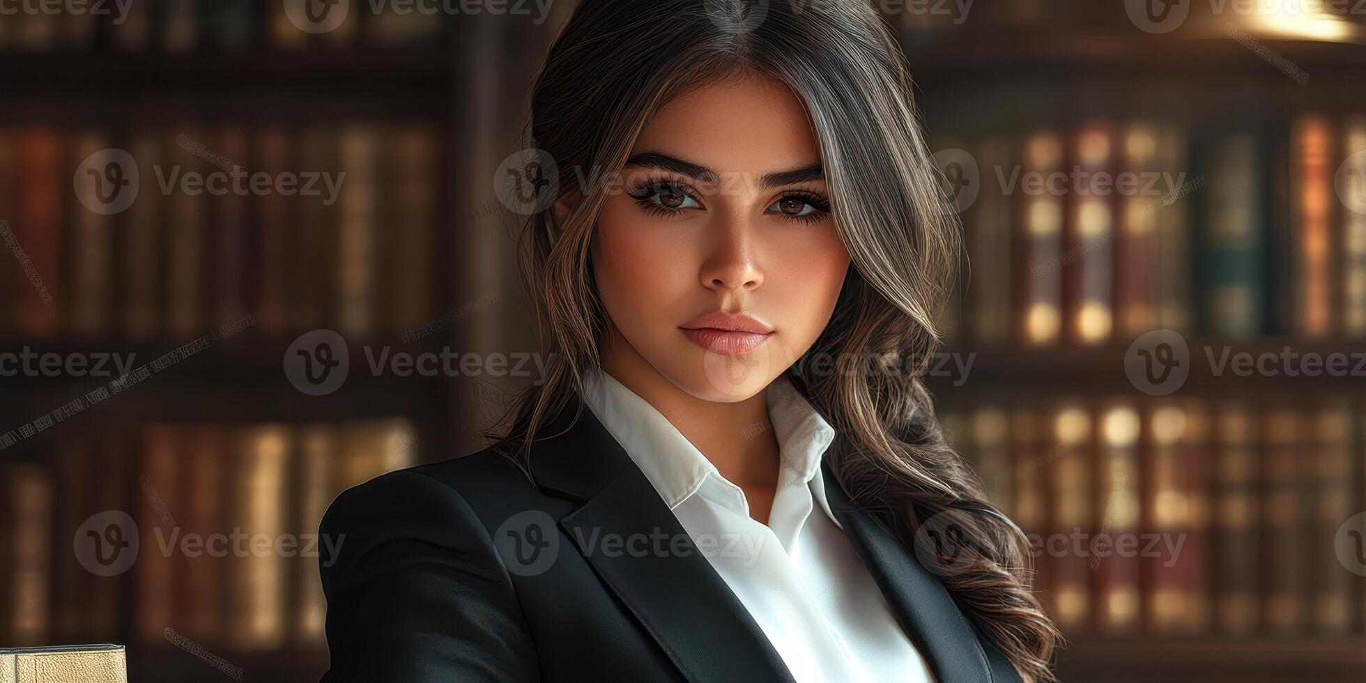 Confident young professional in a formal setting with a library background during the day photo