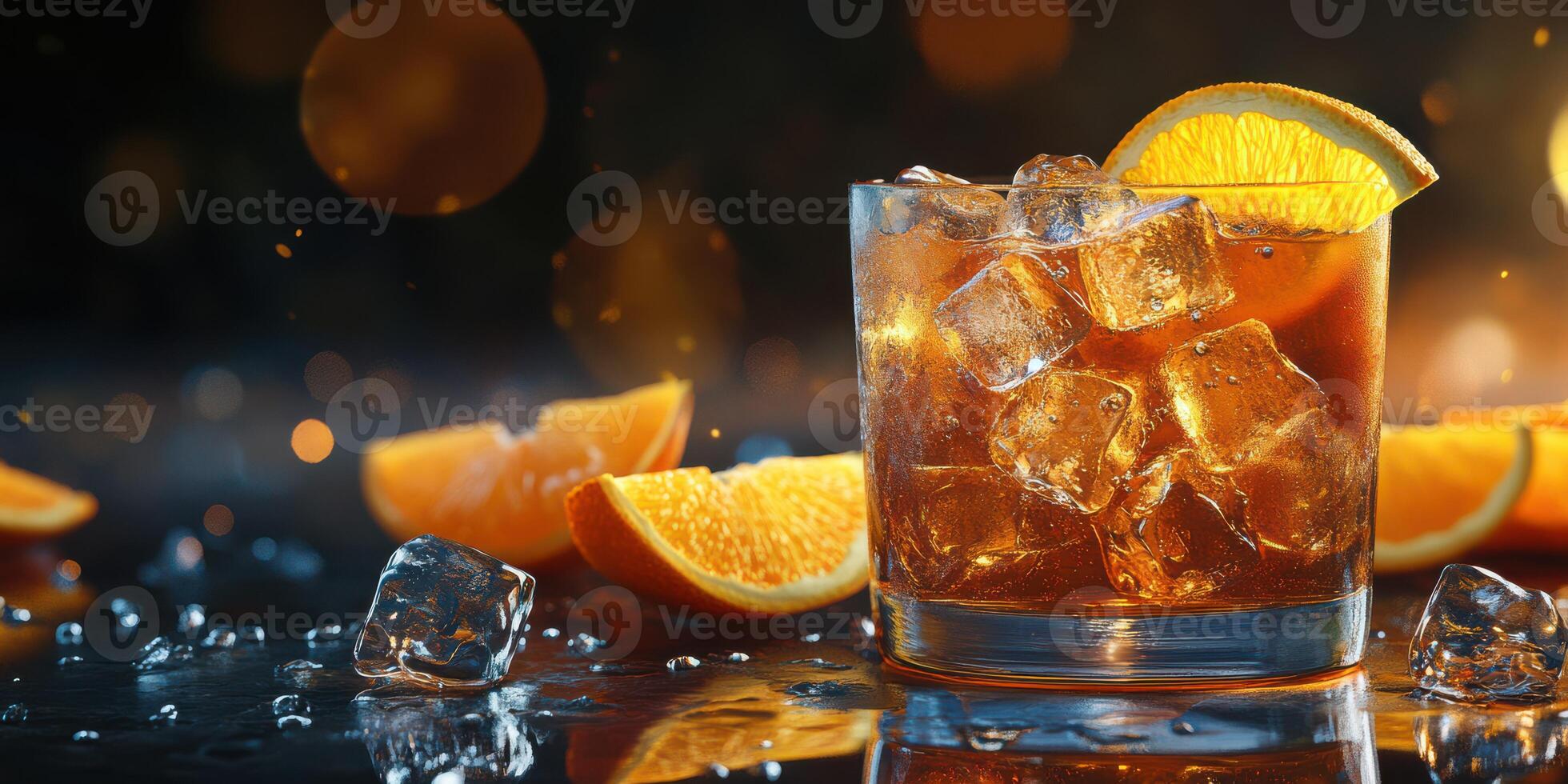 Refreshing cocktail with ice and orange slices on a dark background with bokeh lighting photo