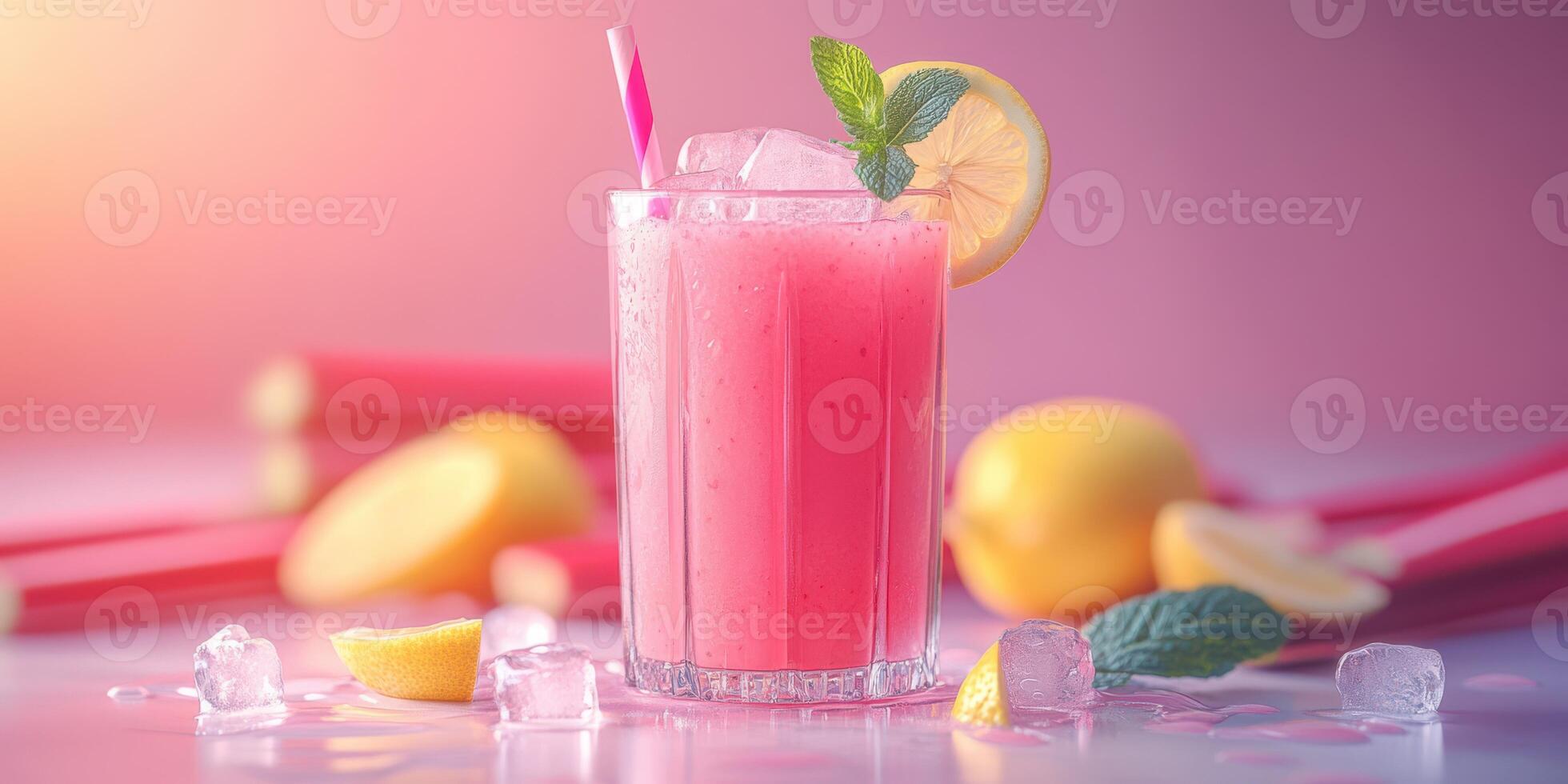 Refreshing pink lemonade with ice and lemon garnishes on a colorful background at a summer afternoon setting photo