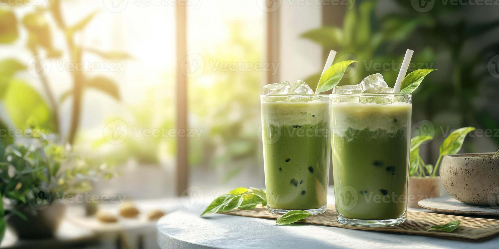 Refreshing green tea drinks served with ice and fresh leaves in a cozy sunlit setting photo