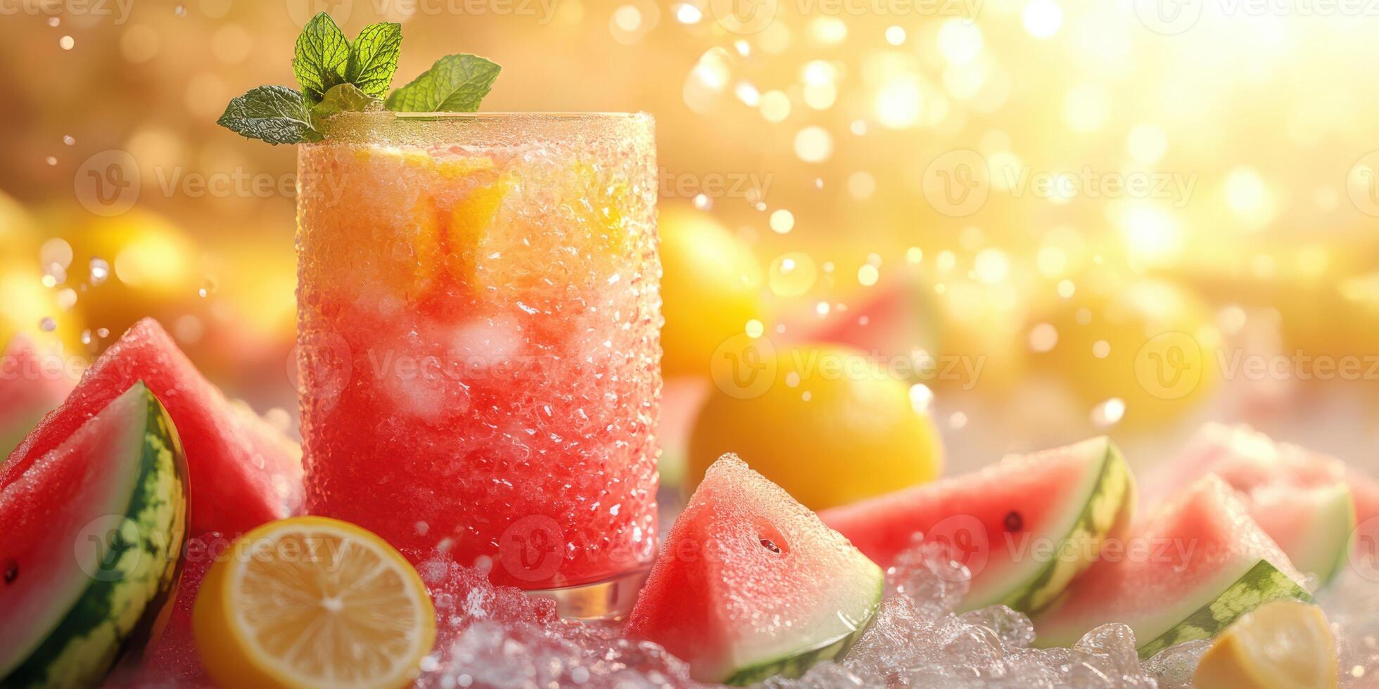 Refreshing watermelon lemonade drink garnished with mint leaves in a sunny setting with citrus fruits photo