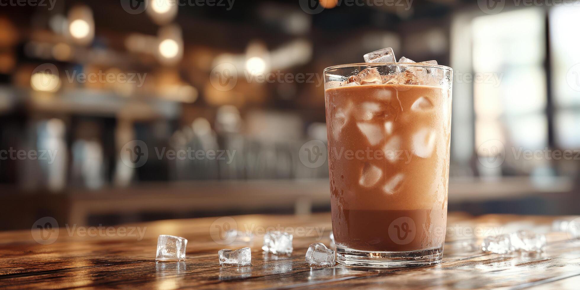 Iced coffee served in a glass with ice cubes on a wooden table in a cozy cafe setting during the afternoon photo