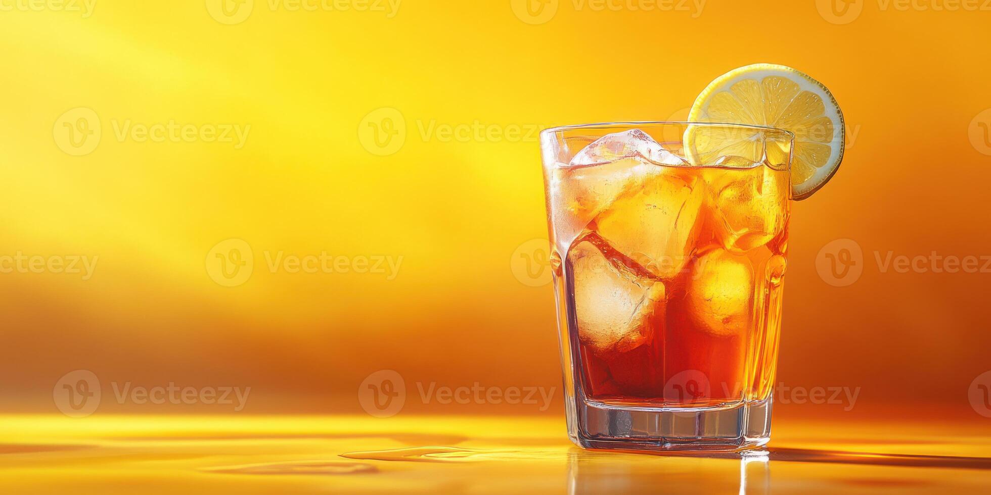 Refreshing iced tea with lemon slice set against a vibrant yellow background in warm lighting photo