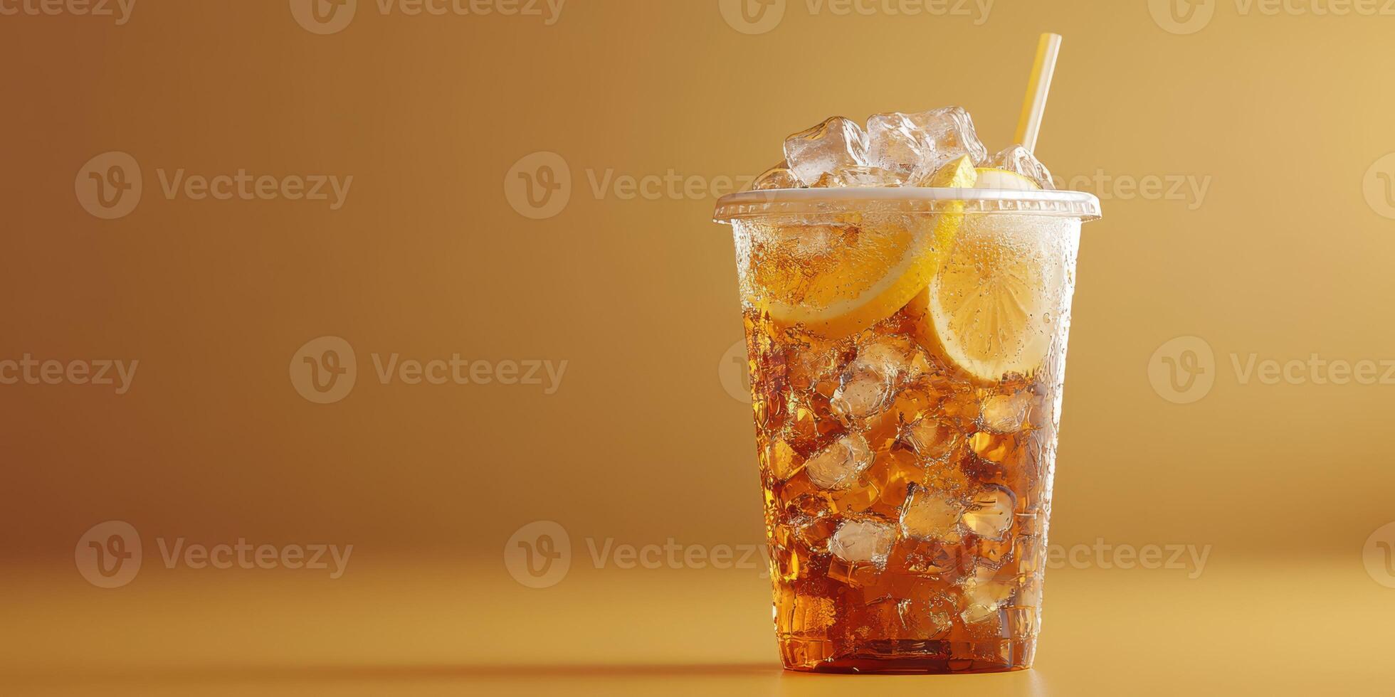 Refreshing iced tea with lemon slices served in a clear cup against a warm golden background photo