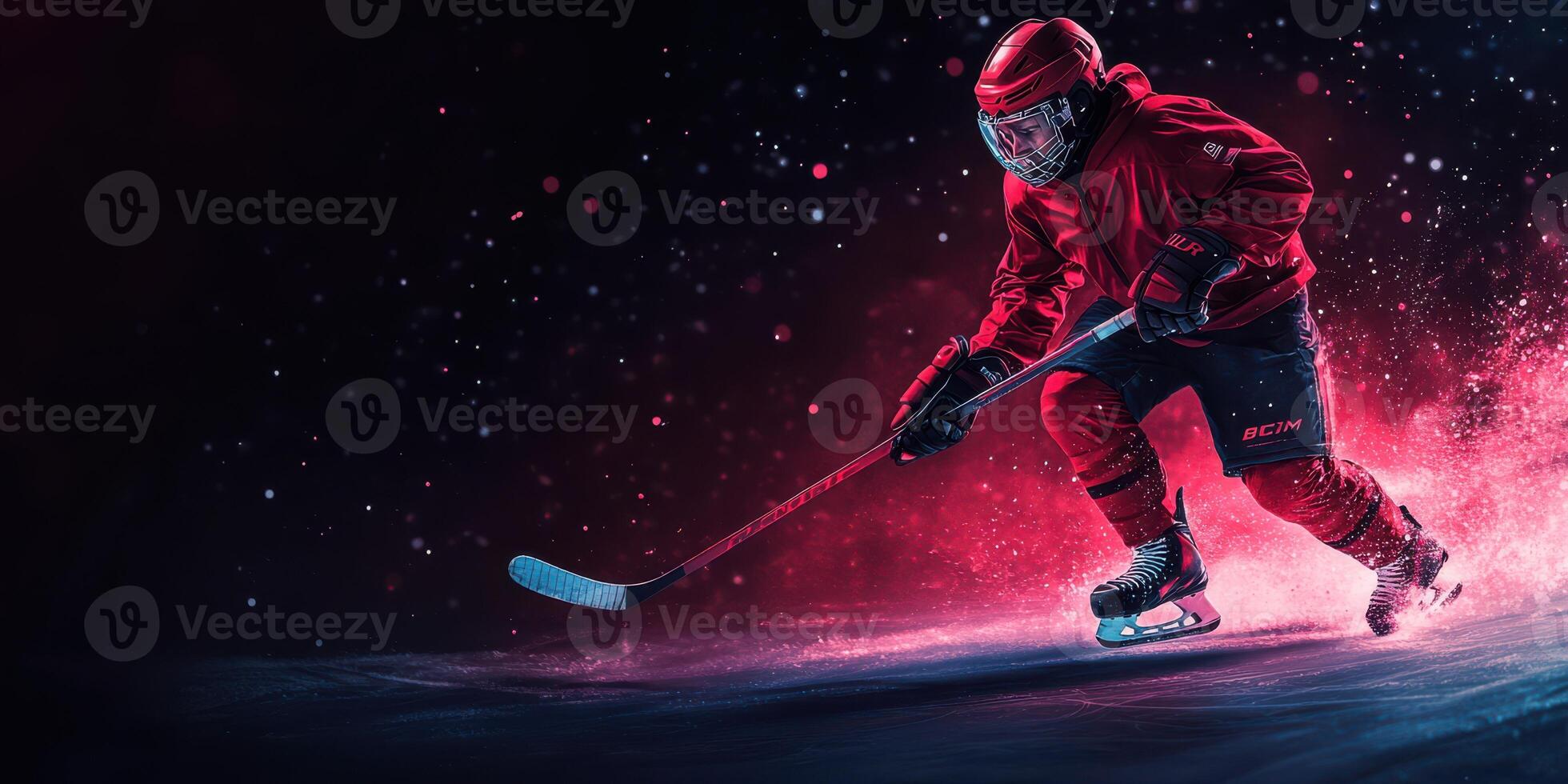 Dynamic hockey player skating through a vibrant, snow-filled arena under dramatic lighting photo