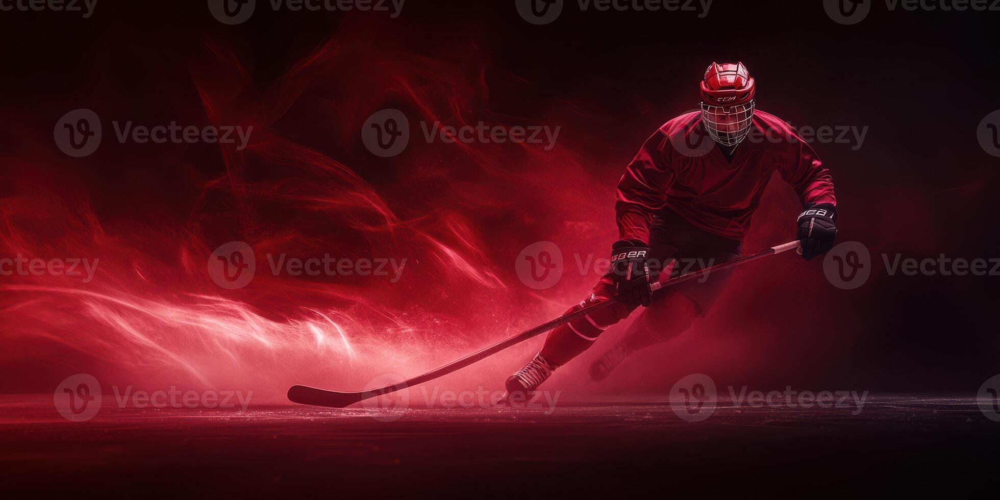 Hockey player in red uniform skating intensely on an ice rink with dramatic lighting effects photo