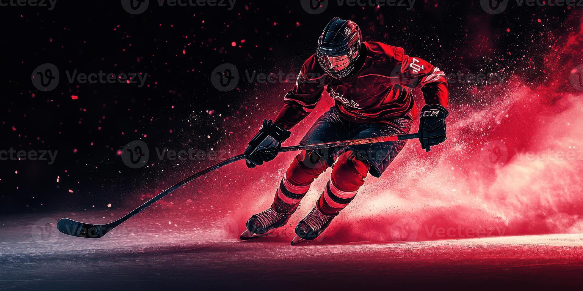 Skater in red uniform performs a dynamic move on the ice during an intense hockey match at a modern rink in winter photo
