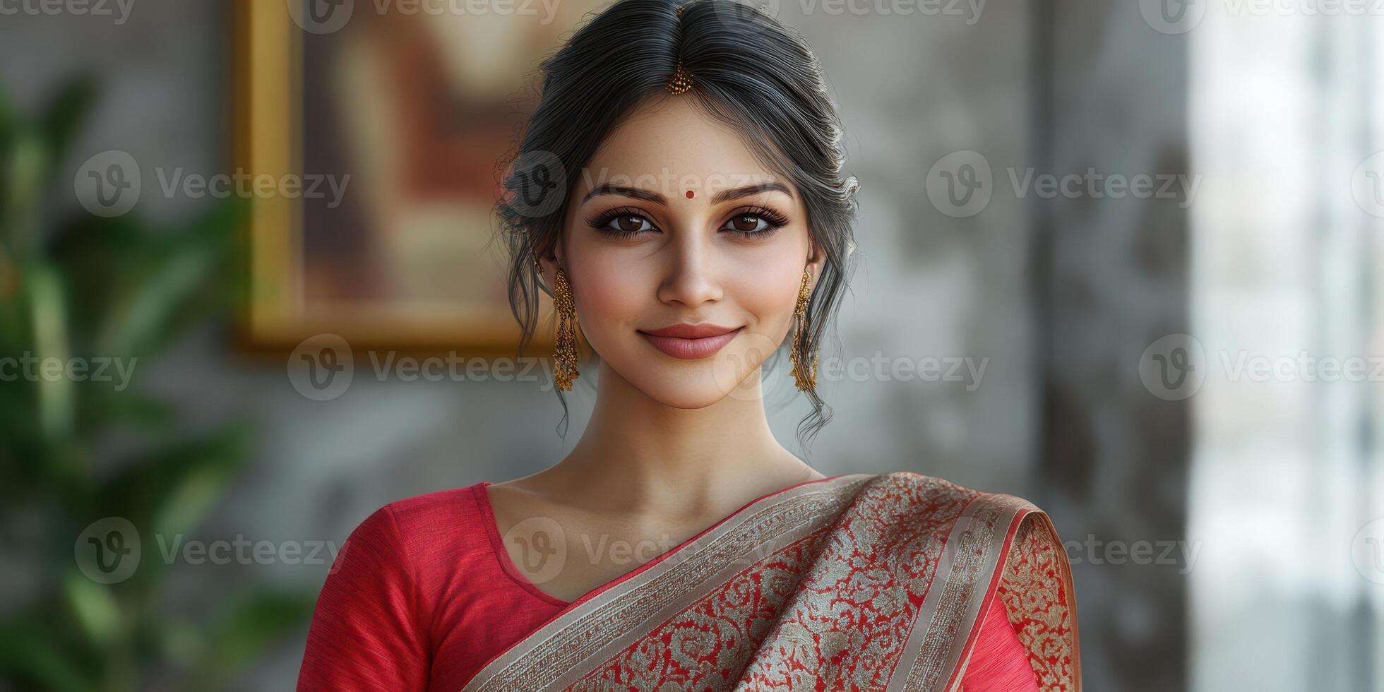 Indian woman wearing a traditional saree smiles warmly in an indoor setting with elegant decor photo
