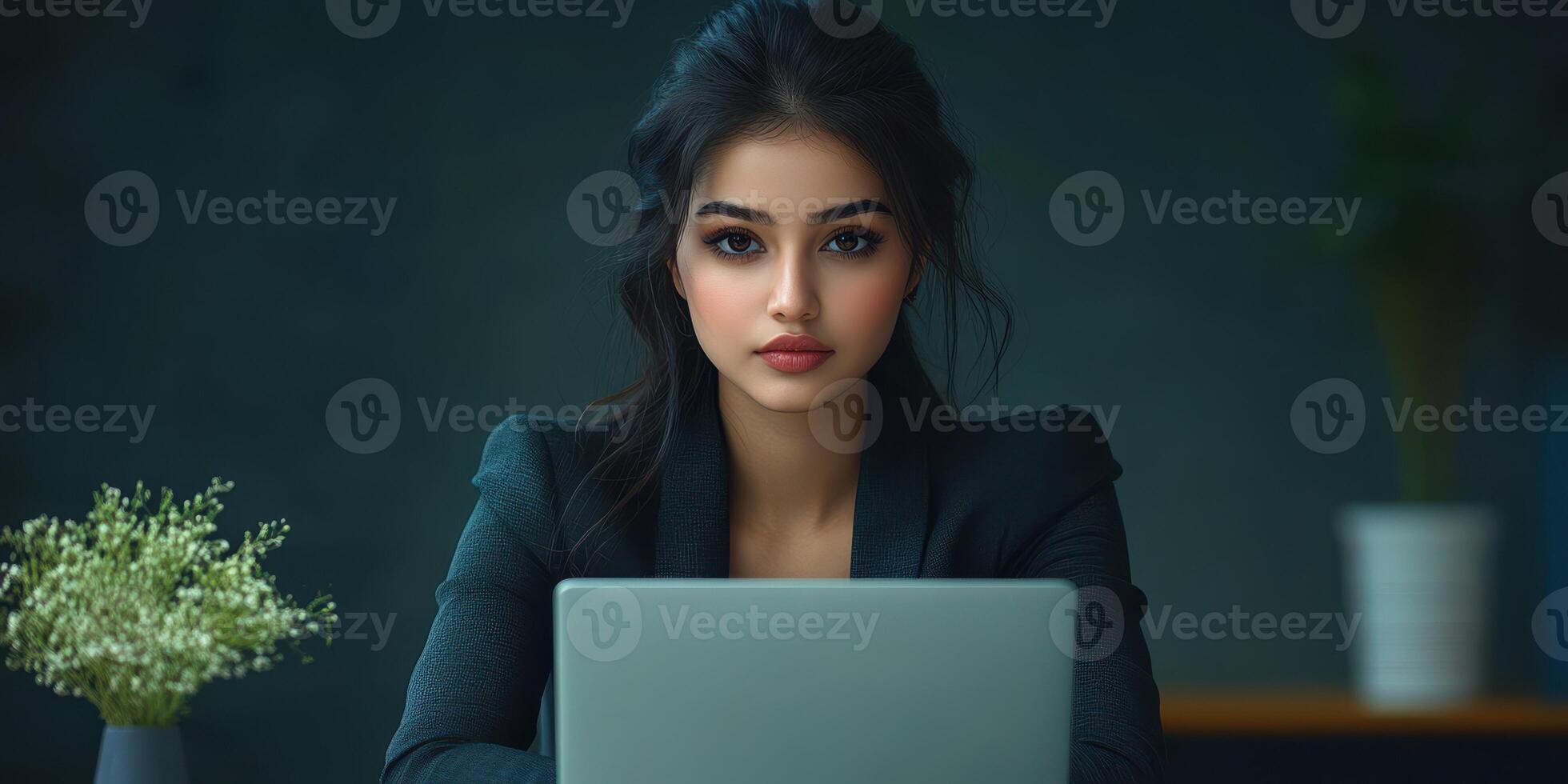 Professional woman focused on laptop while working in a modern office environment photo