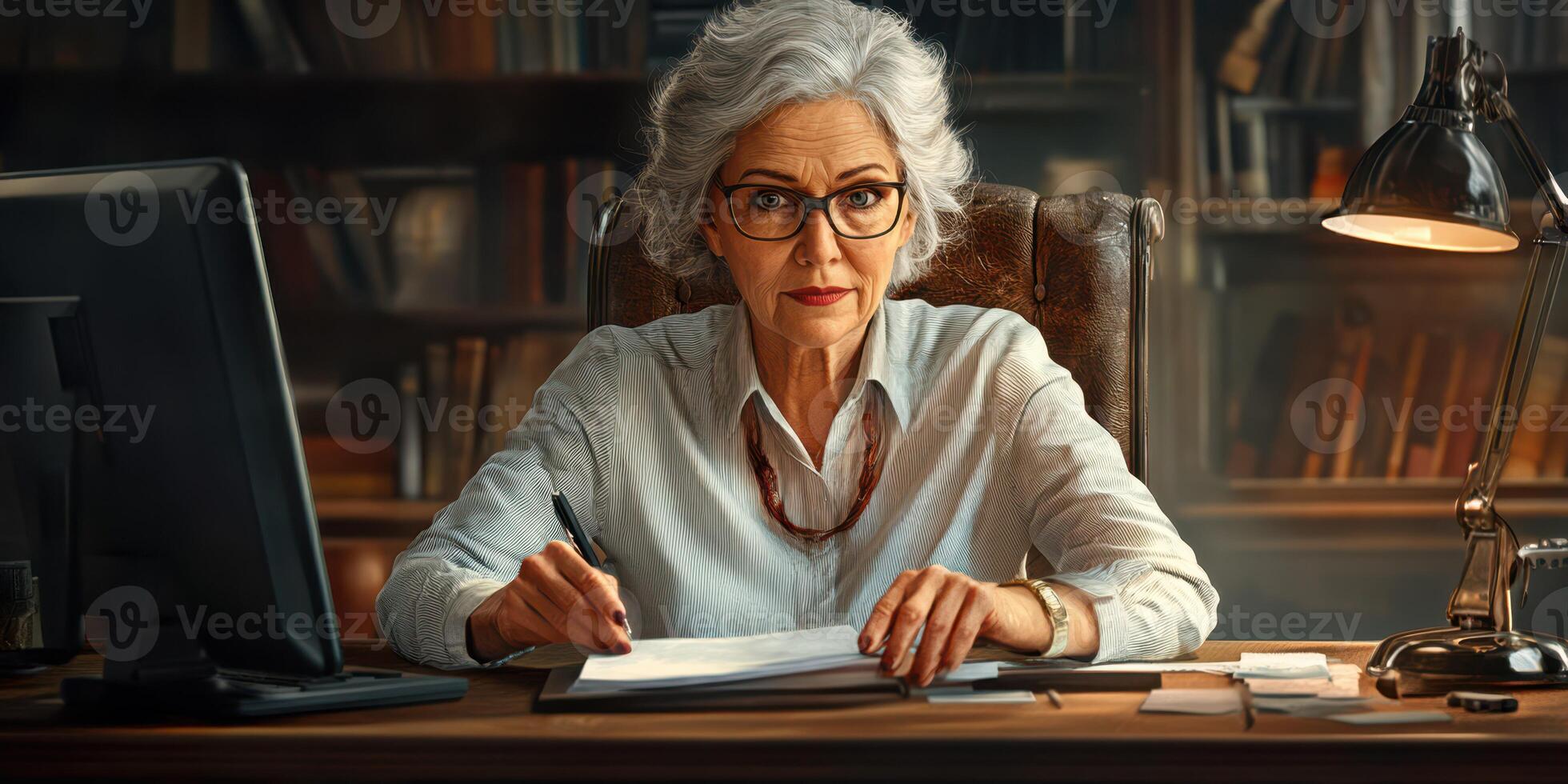 Mature woman with glasses writing at a desk in a cozy library setting during daylight hours photo